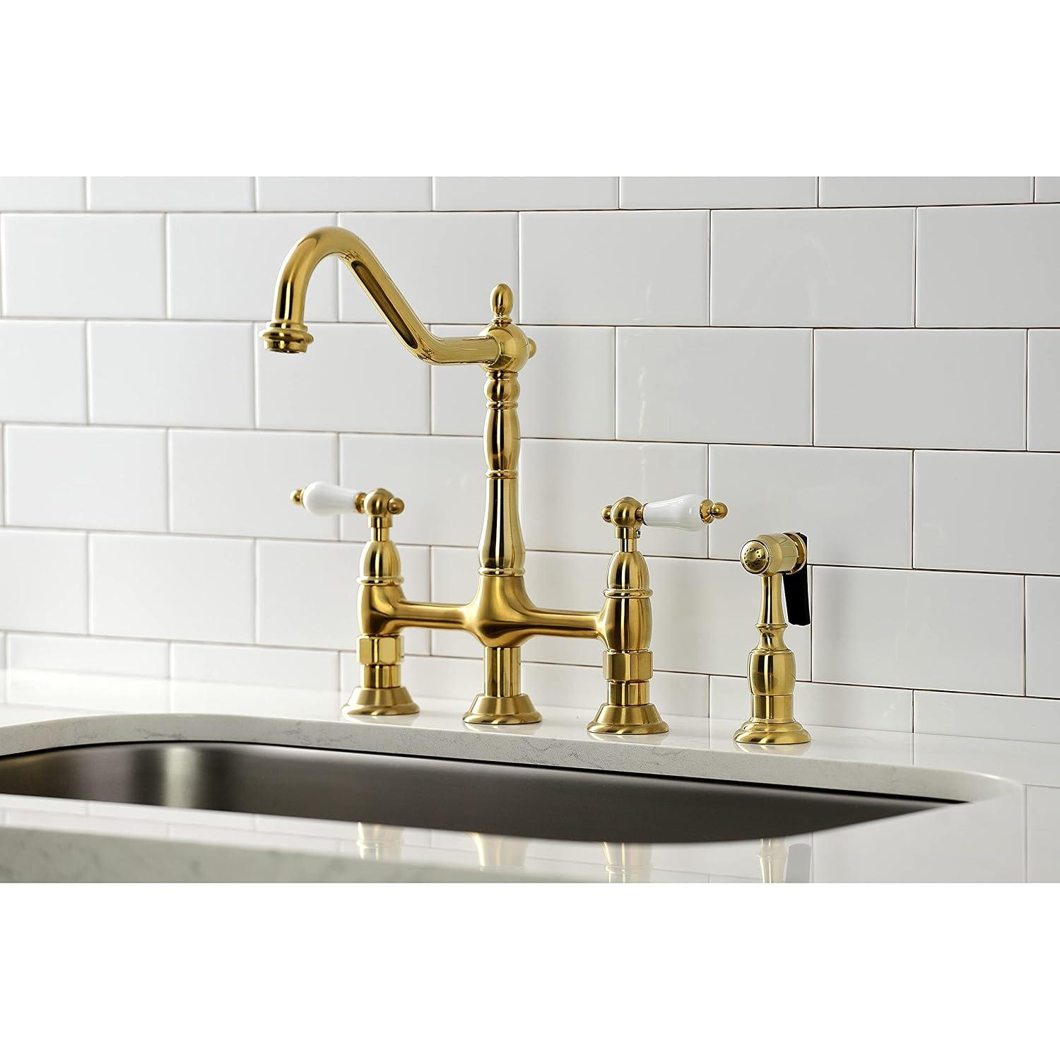 Kingston Brass Heritage Two-Handle 4-Hole Deck Mount Bridge Kitchen Faucet with Brass Side Sprayer
