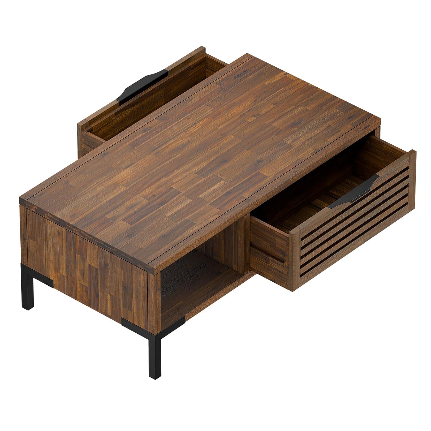 Bme Millie Solid Wood Coffee Tables, Industrial Modern Living Room Center Desk with 2 Storage Drawers & Assembly Under 5 Minutes, Rustic Chestnut