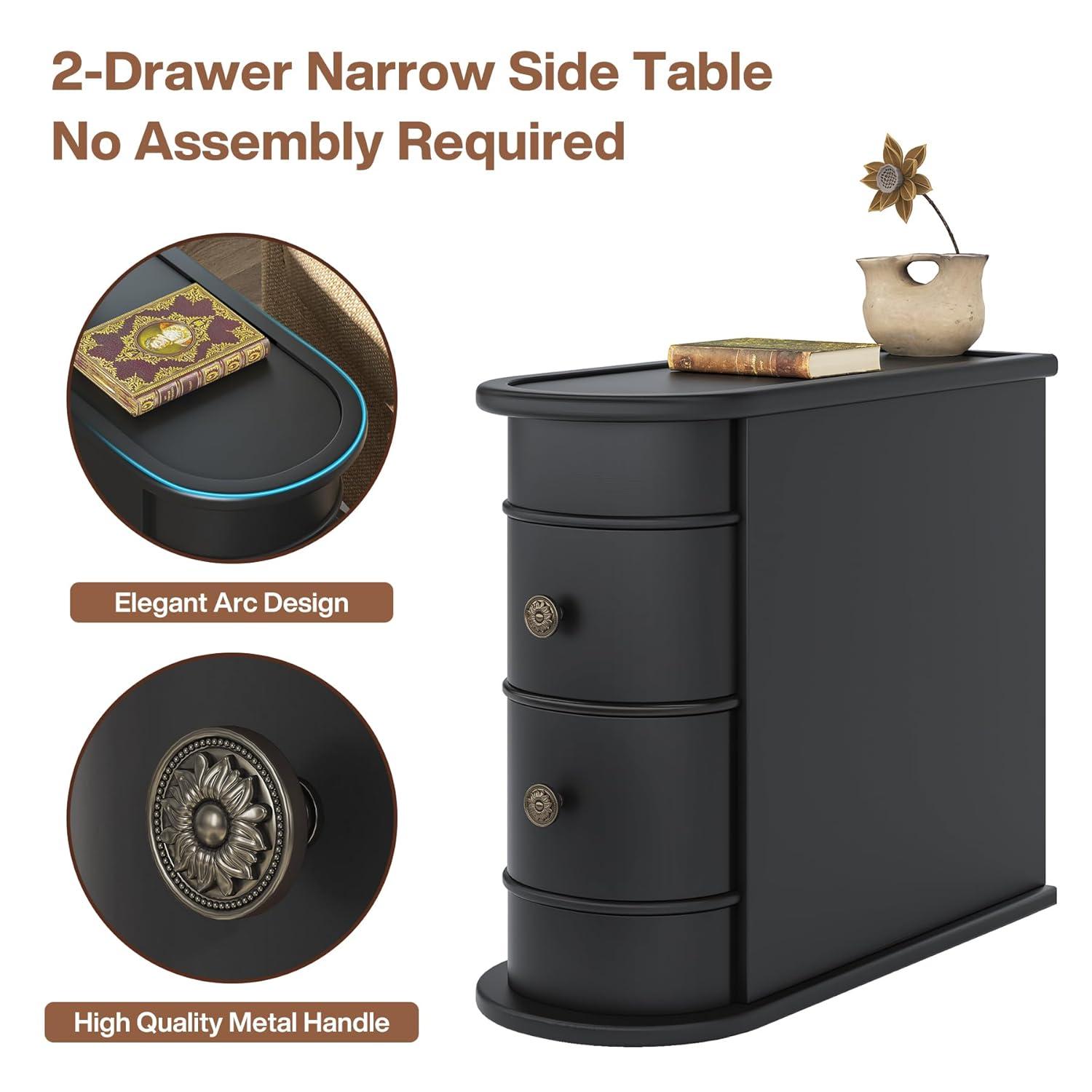 Hommoo Wood Narrow Nightstand with 2 Drawers Black