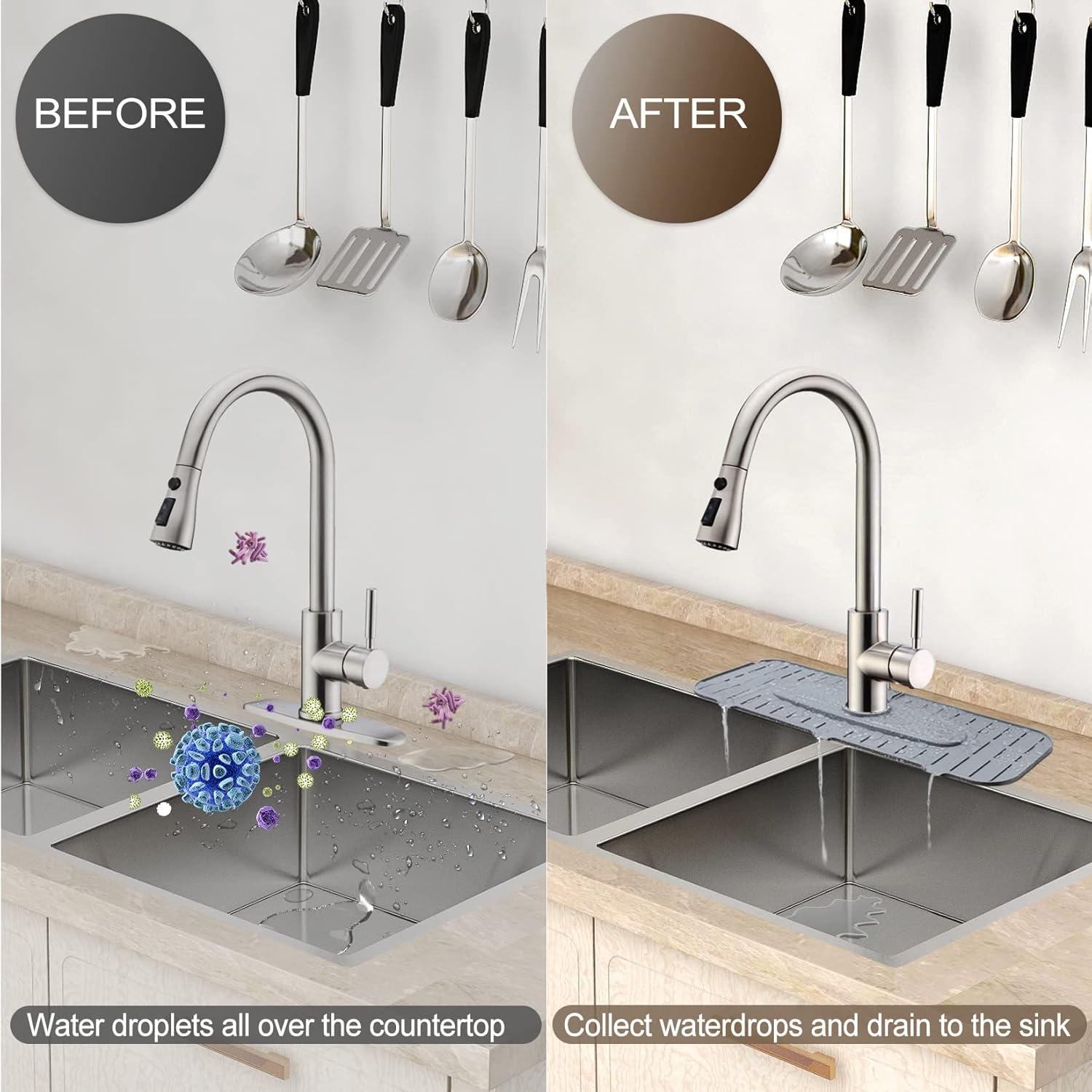 Kingmall Silicone Faucet Mat, Kitchen Faucet Mat for Drip Catcher, 100% Food Grade Silicone, Black, Deck Mount, Single Hole, Reusable, for Faucets with 1cm(0.4 Inch) Deck Plate