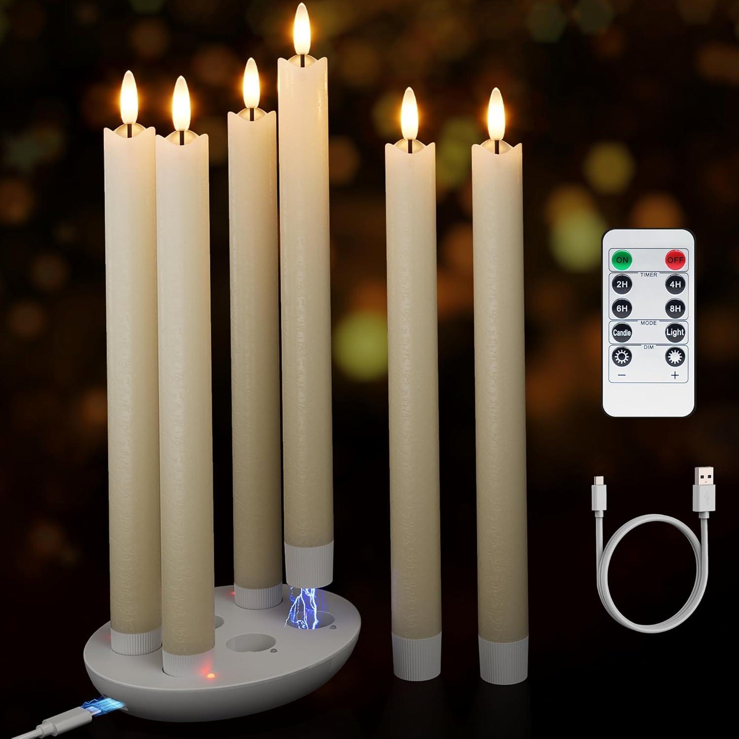 Rechargeable Flameless Taper Candles With Charging Station, 6 Pcs Real Wax LED Taper Candles Flickering With Remote&Timer, 3D Flame Candlesticks For Home Wedding Christmas Decor