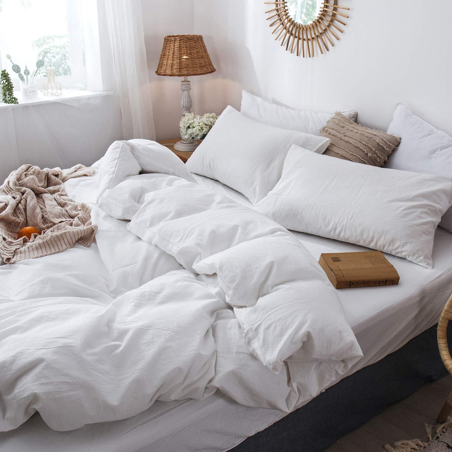 MOOMEE Linen Like Textured 100% Washed Cotton Twill Duvet Cover Set Ultra Soft