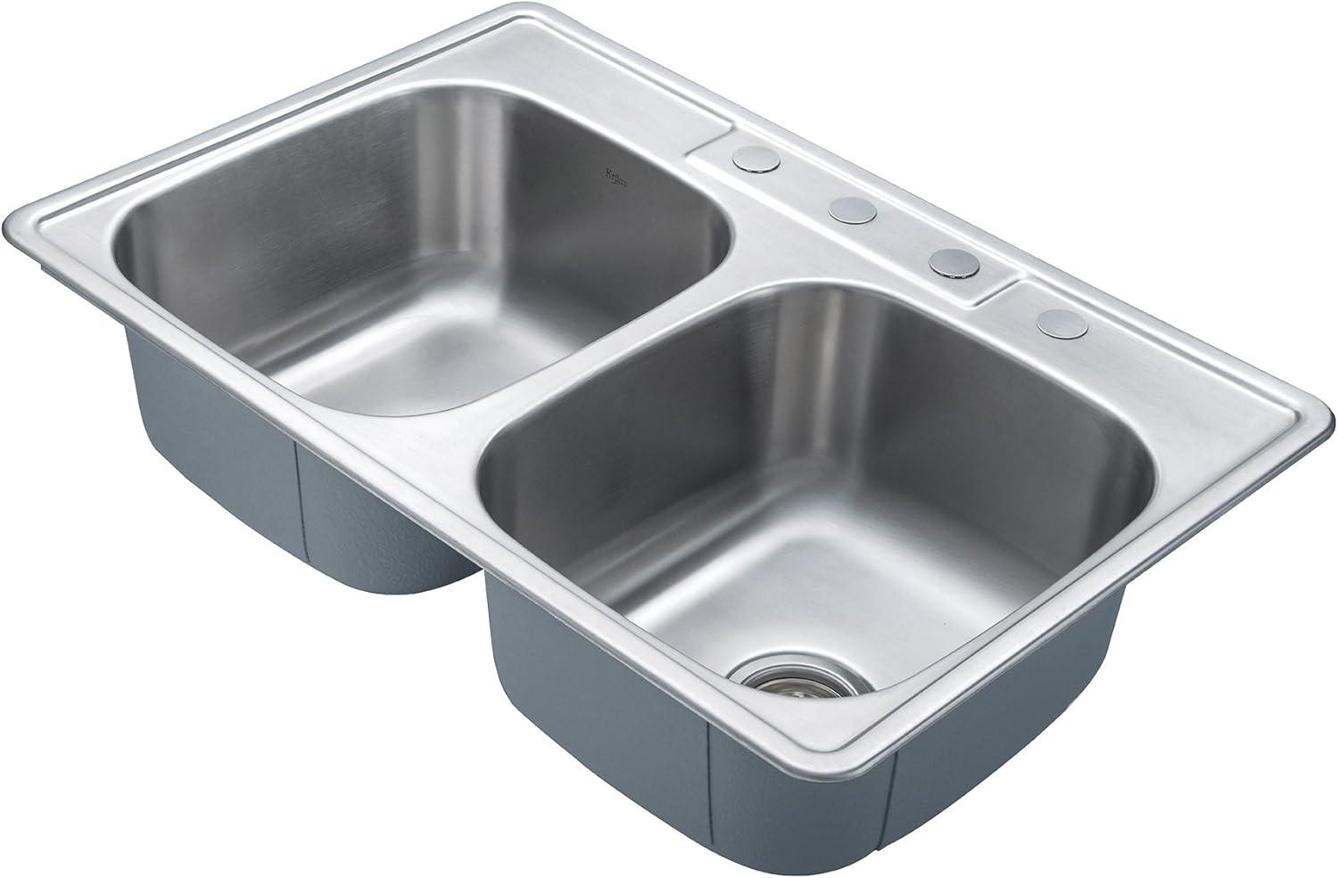 KRAUS 33 inch L Topmount 50/50 Double Bowl 18 Gauge Stainless Steel Kitchen Sink with NoiseDefend Soundproofing