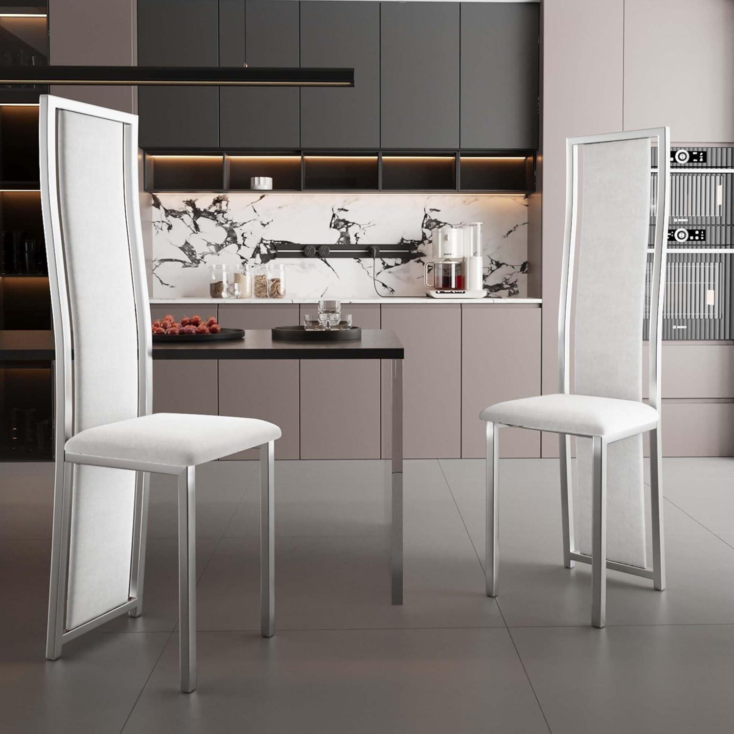 MIFI White Velvet Dining Chairs Set of 2, High-back , Kitchen & Dining Room Chairs , Sillas De Comedor ,Fabric Upholstered, Silver Chrome Metal Legs (White, 2 Pcs)