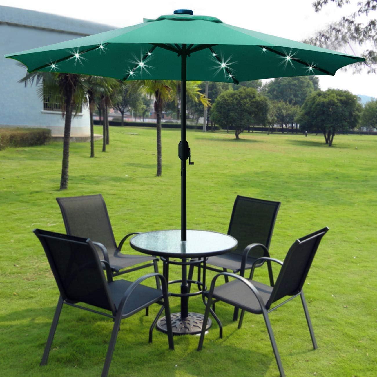 Dark Green 9' LED Lighted Market Patio Umbrella with Crank Lift