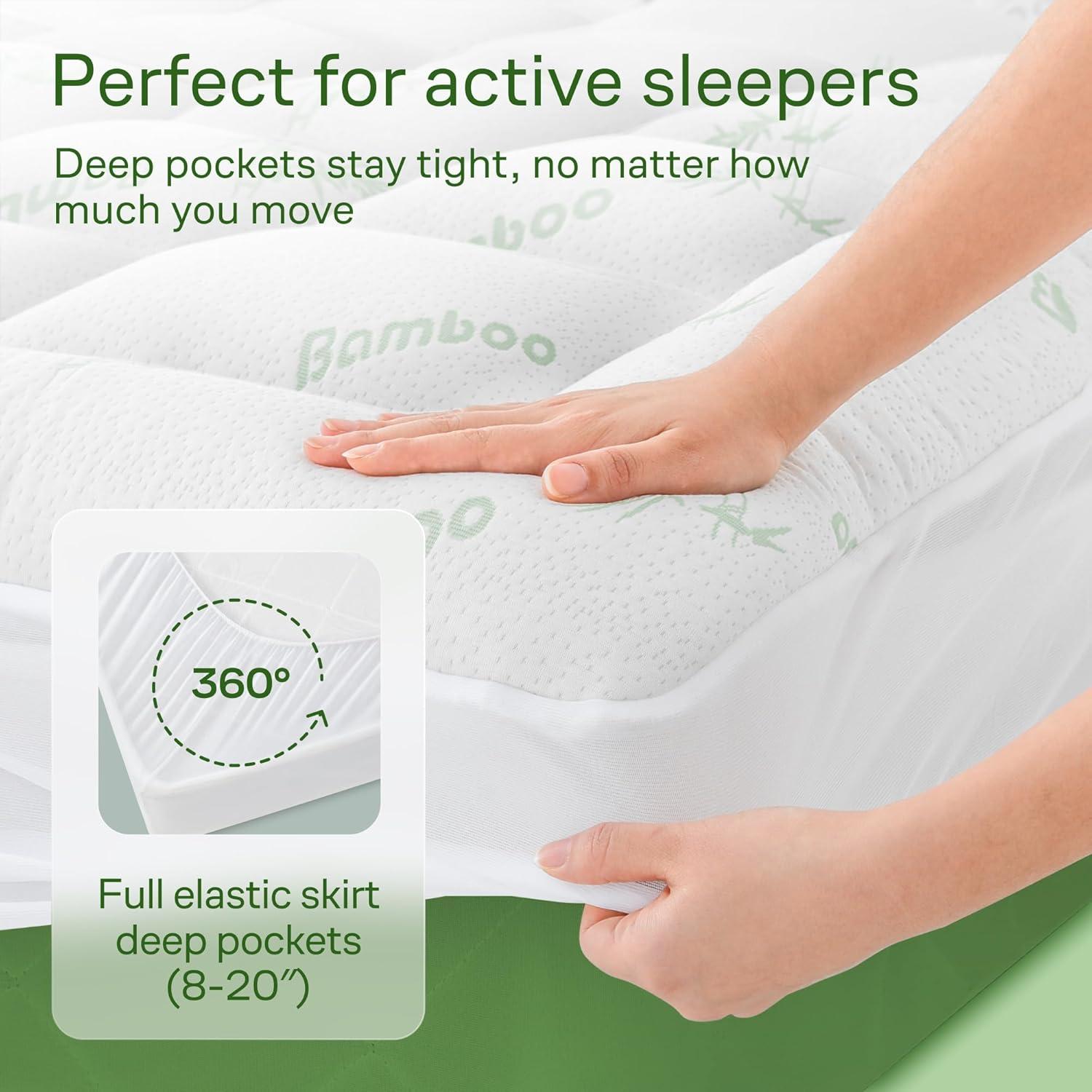 Ultra Soft Queen RV Size Mattress Topper - Viscose Made from Bamboo Pillow Top Mattress Pad for Back Pain Relief - Naturally Cooling for Hot Sleepers, Green