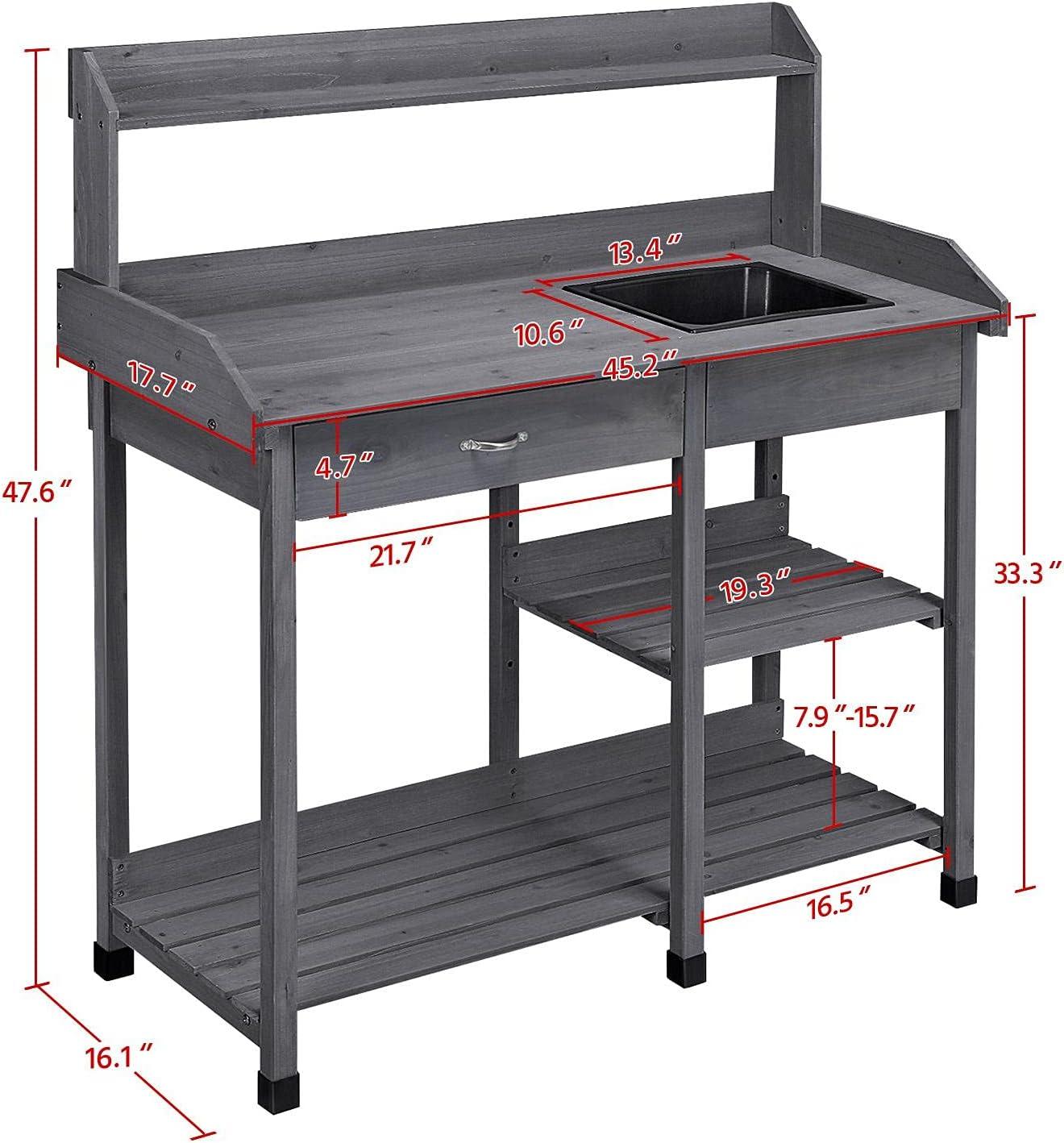 Gray Cedar Wood Outdoor Potting Bench with Sink and Shelves