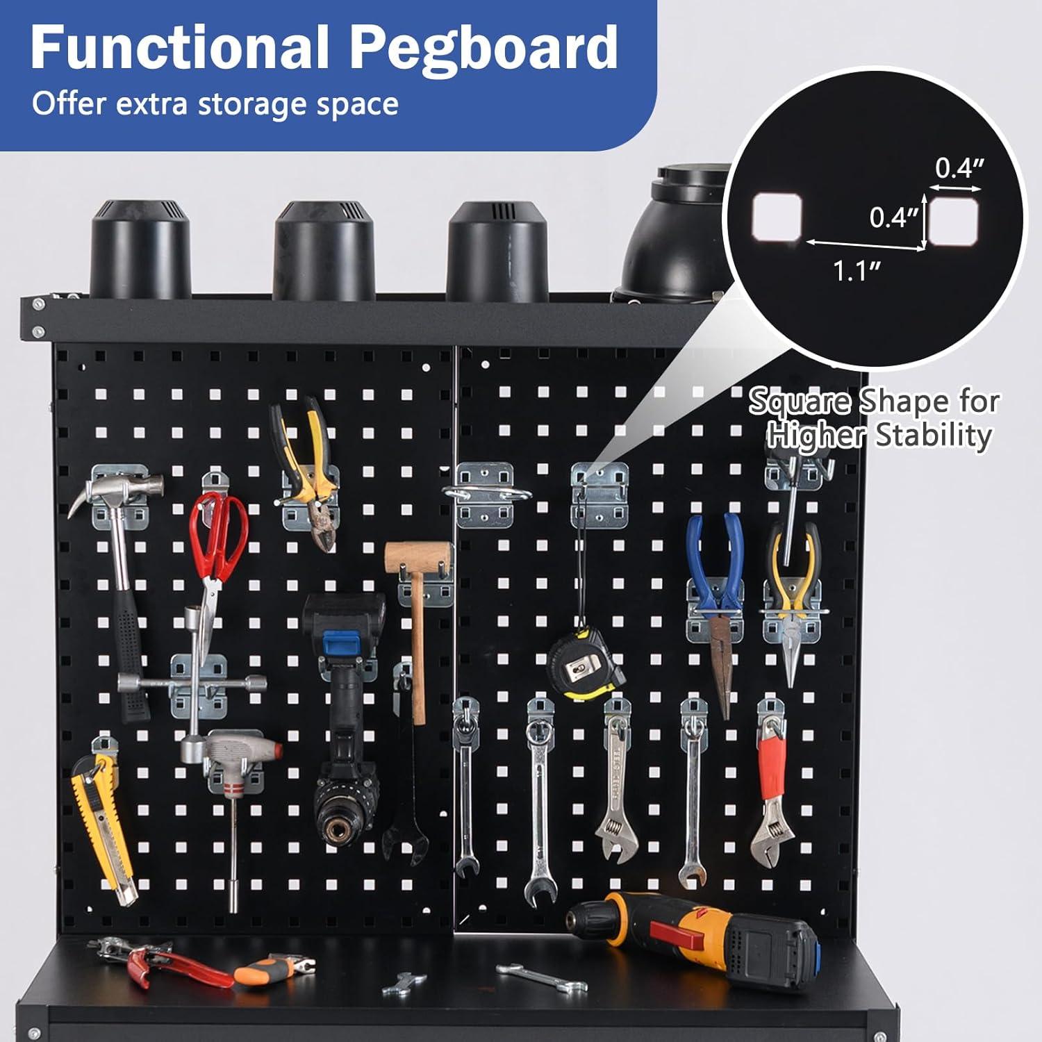 Topcobe 32 x 16 Inch Workbench Work Table with 2 PCs Pegboard Drawer and Shelves, Modern Furniture for Indoor-Black