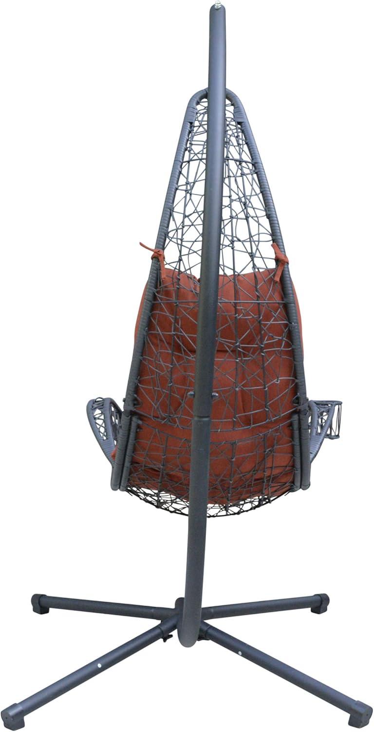 Cushioned Rattan Wicker Hanging Chair with Stand - Terra Cotta - Algoma: Outdoor Patio Furniture, UV Resistant