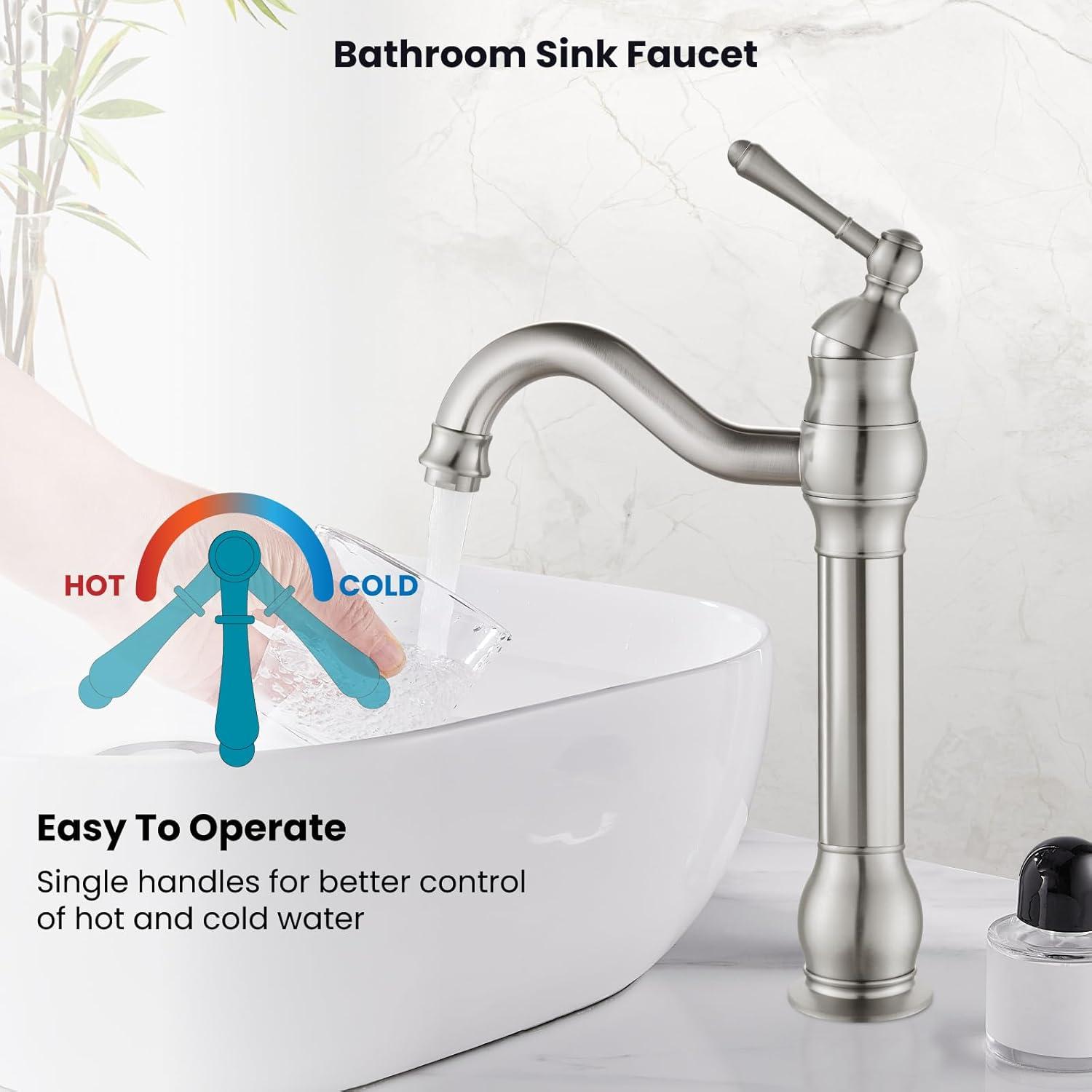 gotonovo Single Handle Vessel Sink Faucet 360° Swivel Bathroom Faucet One Hole Farmhouse Lavatory Vanity Faucet Bowl Sink Mixer Tap Without Pop Up Drain, Brushed Nickel