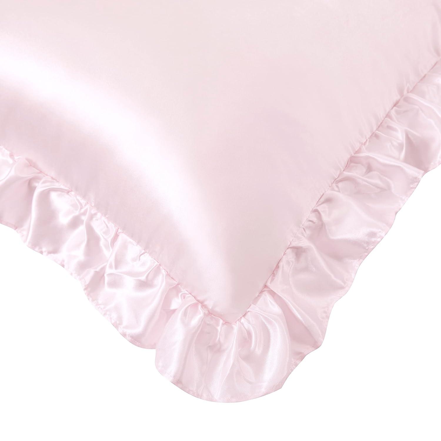 SiinvdaBZX Ruffled Queen Satin Pillowcase Set of 2, Blush Pink Silky Satin Pillow Cases for Women Ruffle Pillow Shams Covers Princess Room Decoration, with Envelope Closure