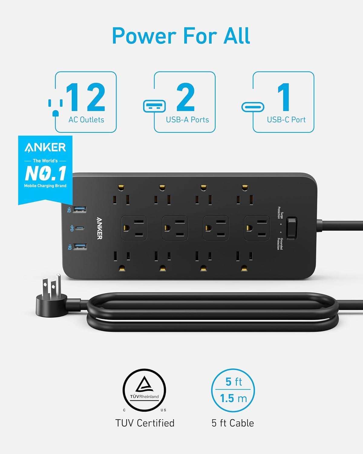 2 Pack Surge Protector Power Strip (2100J), Anker 12 Outlets with 1 USB C and 2 USB Ports for iPhone 15/15 Plus/15 Pro/15 Pro Max, 5ft Extension Cord, Flat Plug, 20W for Home,Office,TUV Listed