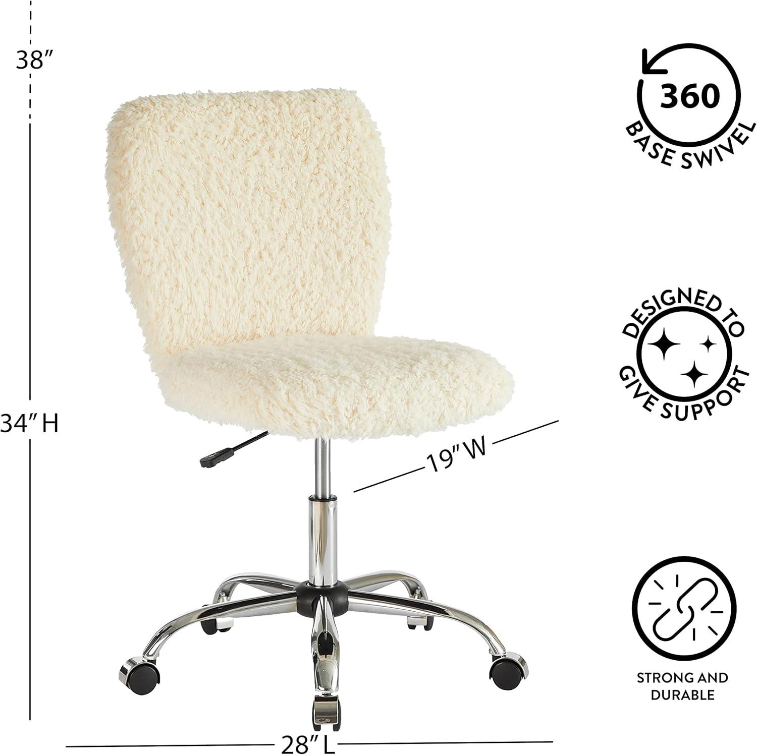 Urban Shop Polyester Faux Fur Armless Swivel Task Office Chair, White, Adjustable Height, Mid Back