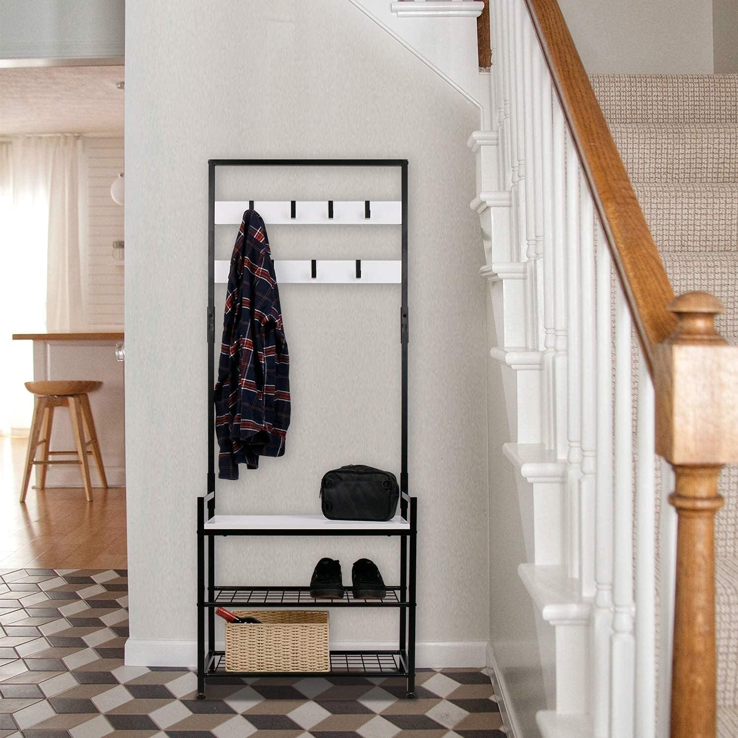 HOMEKOKO Coat Rack Shoe Bench, Hall Tree Entryway Storage Bench, Wood Look Accent Furniture with Metal Frame, 3-in-1 Design