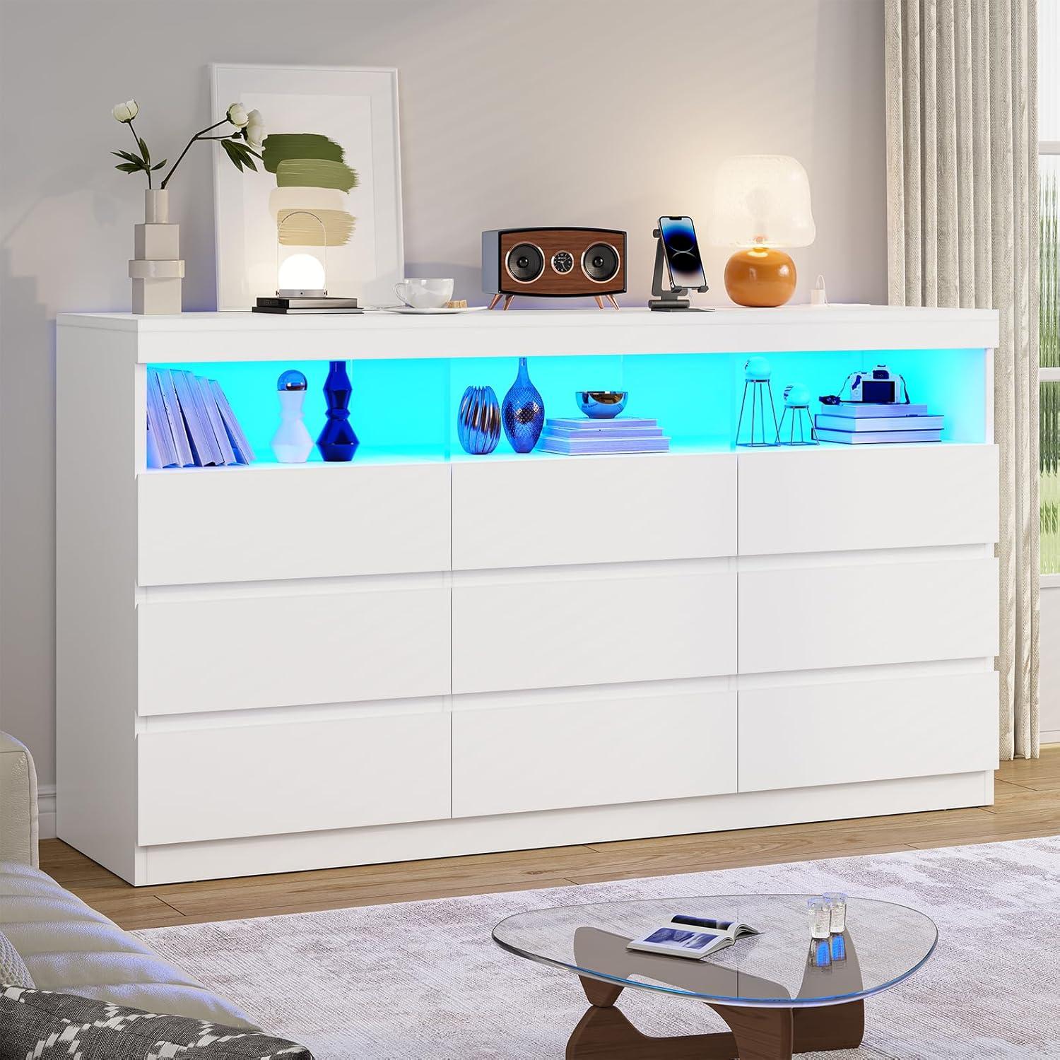 Modern White Double Dresser with LED Lights and Charging Station