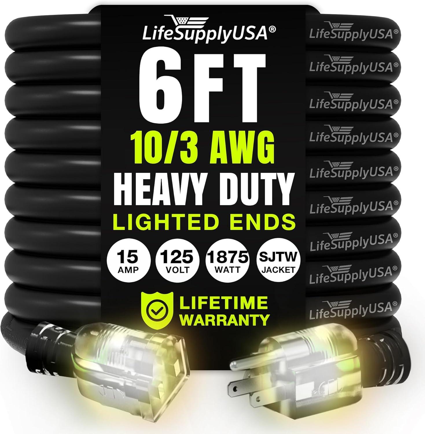 6ft Black Heavy Duty Extension Cord with Lighted Ends