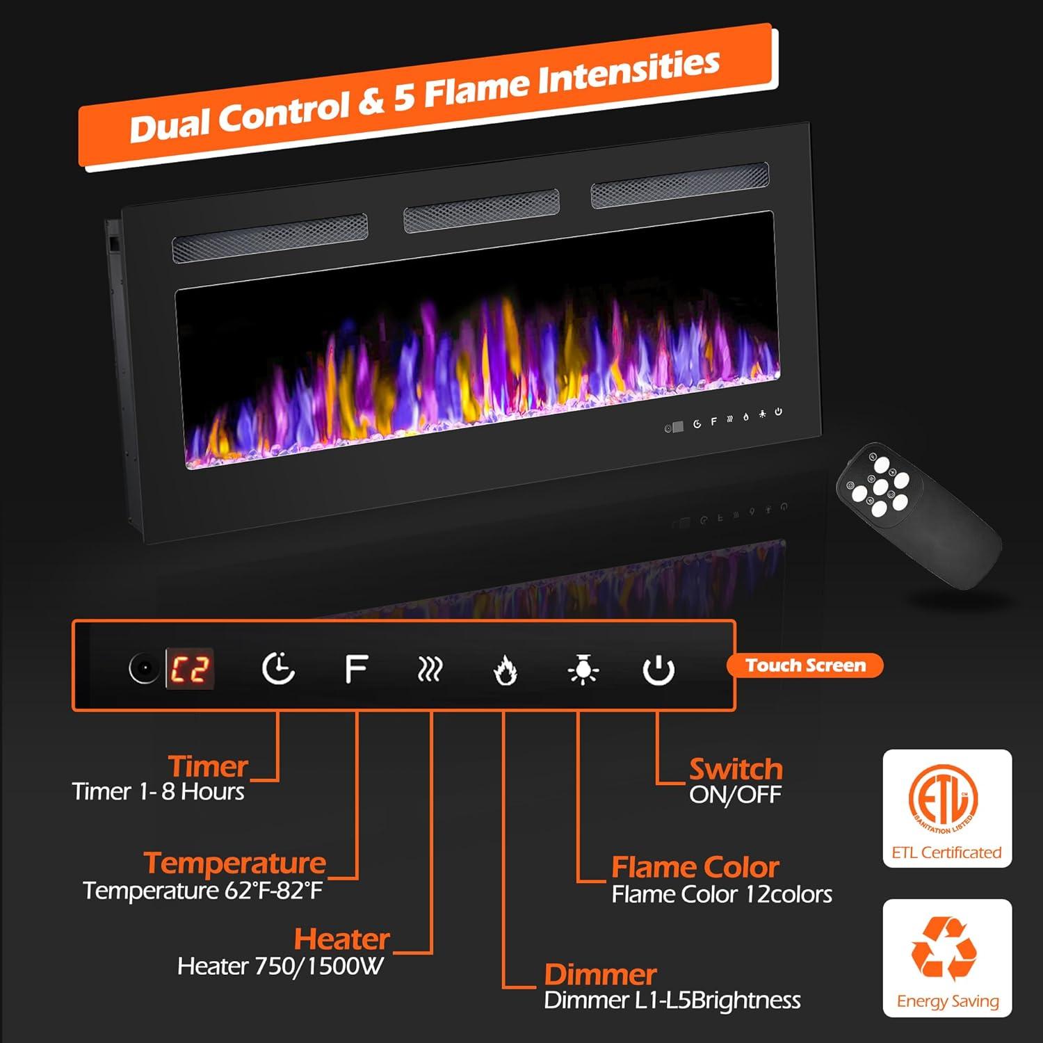 36'' Black Tempered Glass Electric Wall-Mounted Fireplace