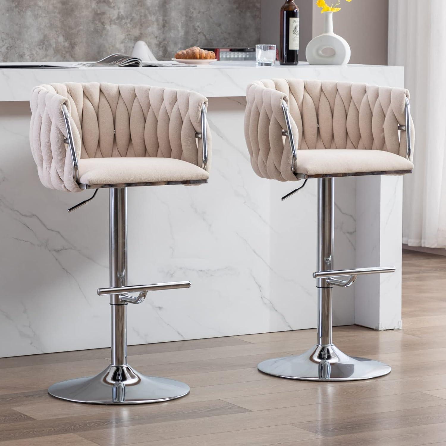 Adjustable Beige Linen Swivel Bar Stools with Silver Base