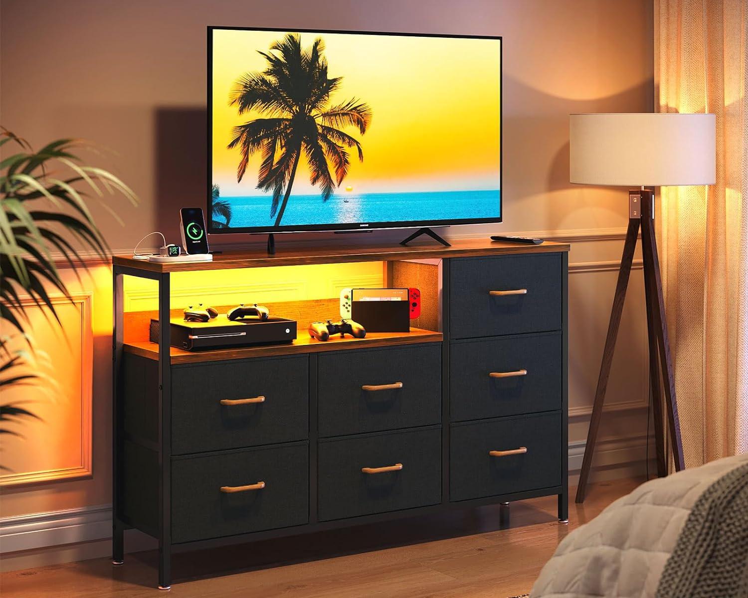 52-Inch Black and Brown Alloy Steel Dresser with LED Lights and Charging Station