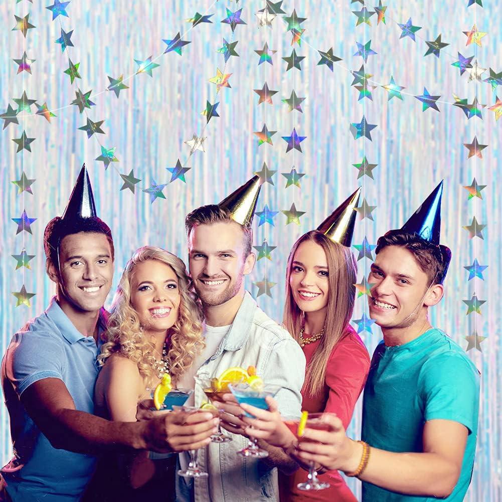 Cheerland Iridescent Party Decorations Holographic Tinsel Backdrop Sparkle Star Streamer Glitter Birthday Decoration Galaxy Celestial Theme Graduation New Year Christmas Sparkle Decor