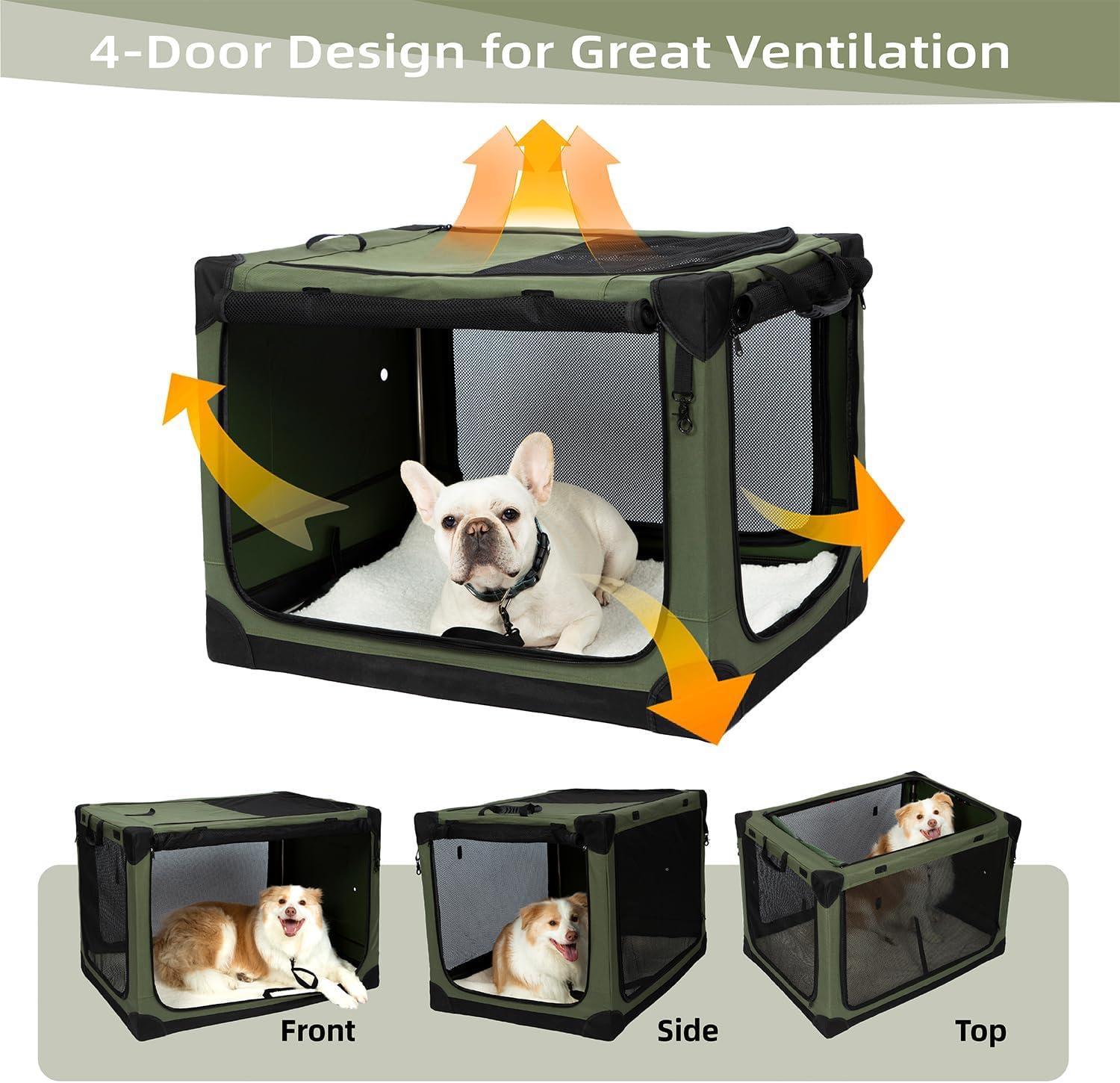 Pettycare Portable Travel Dog Crate 4-Door Soft Sided 36 Inch Collapsible Dog Crate with Curtains Durable Mesh Foldable Pet Kennel Soft Crates for Large Dogs Indoor & Outdoor Olive Green