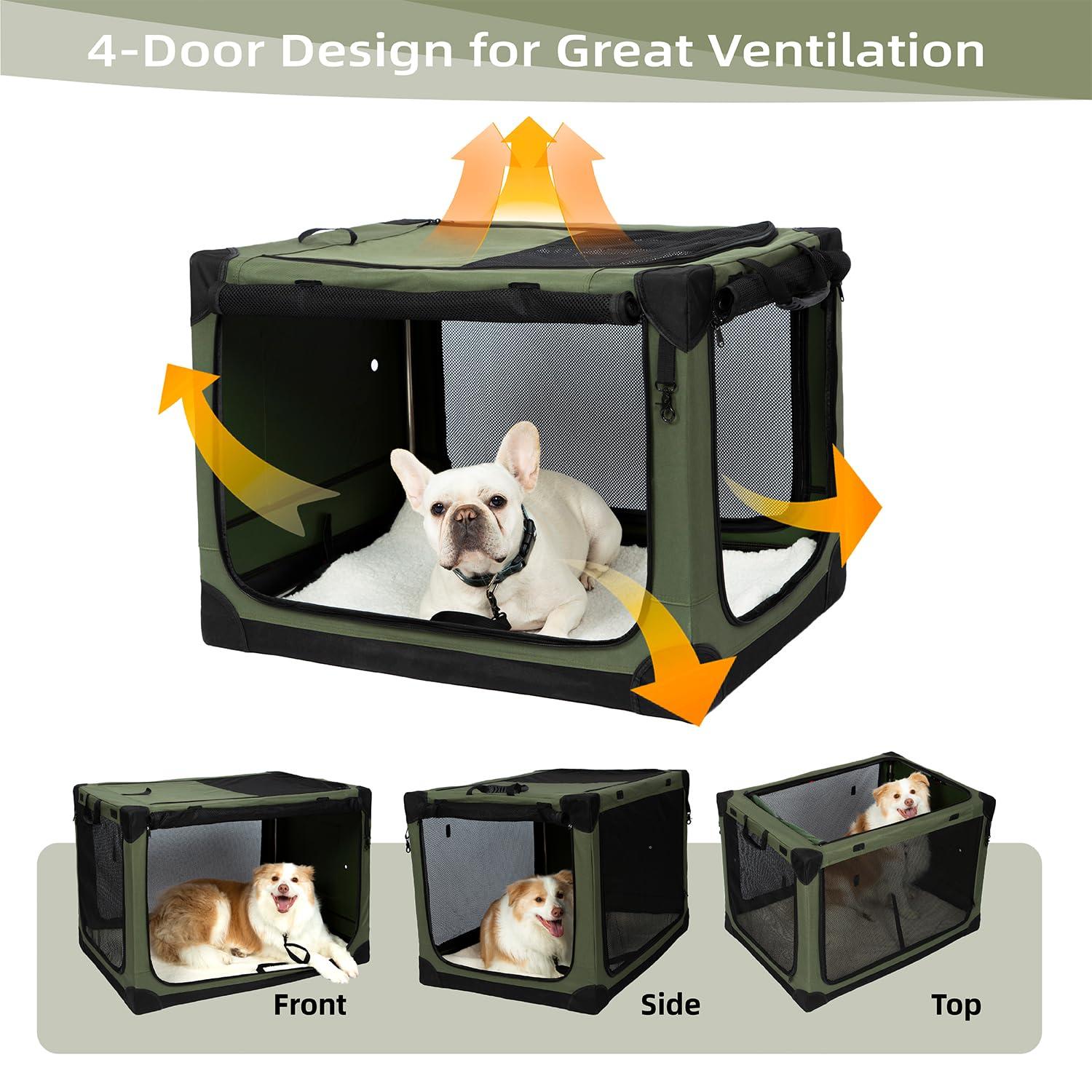 Pettycare Portable Travel Dog Crate 4-Door Soft Sided 36 Inch Collapsible Dog Crate with Curtains Durable Mesh Foldable Pet Kennel Soft Crates for Large Dogs Indoor & Outdoor Olive Green