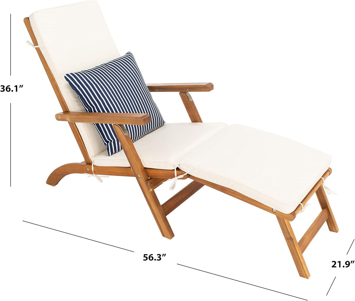 Palmdale Lounge Chair - Outdoor - PAT7015 - Natural/Beige + Blue Stripped Pillow -Safavieh