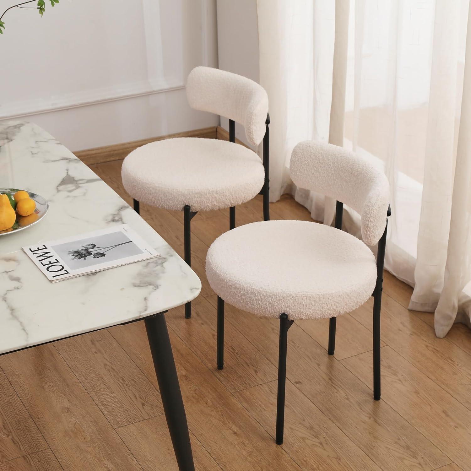 White Dining Chairs Set of 2, Boucle Dining Chairs, Upholstered Kitchen and Dining Room Chairs, Mid-Century Modern Dining Chairs with Black Metal Legs