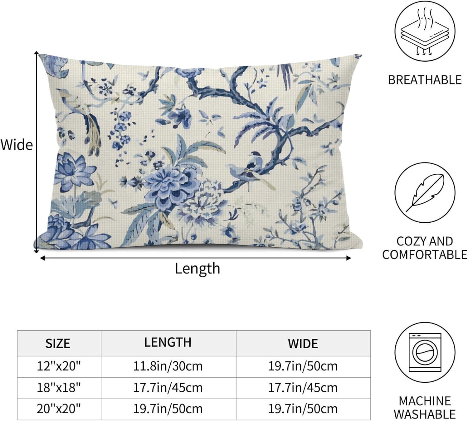Chinoiserie Lumbar Pillow Covers 12 x 20 Set of 2 Birds Floral Linen Throw Pillow Cover Vintage White and Blue Farmhouse Decorative Pillowcases for Living Room Couch Bed Sofa Outdoor