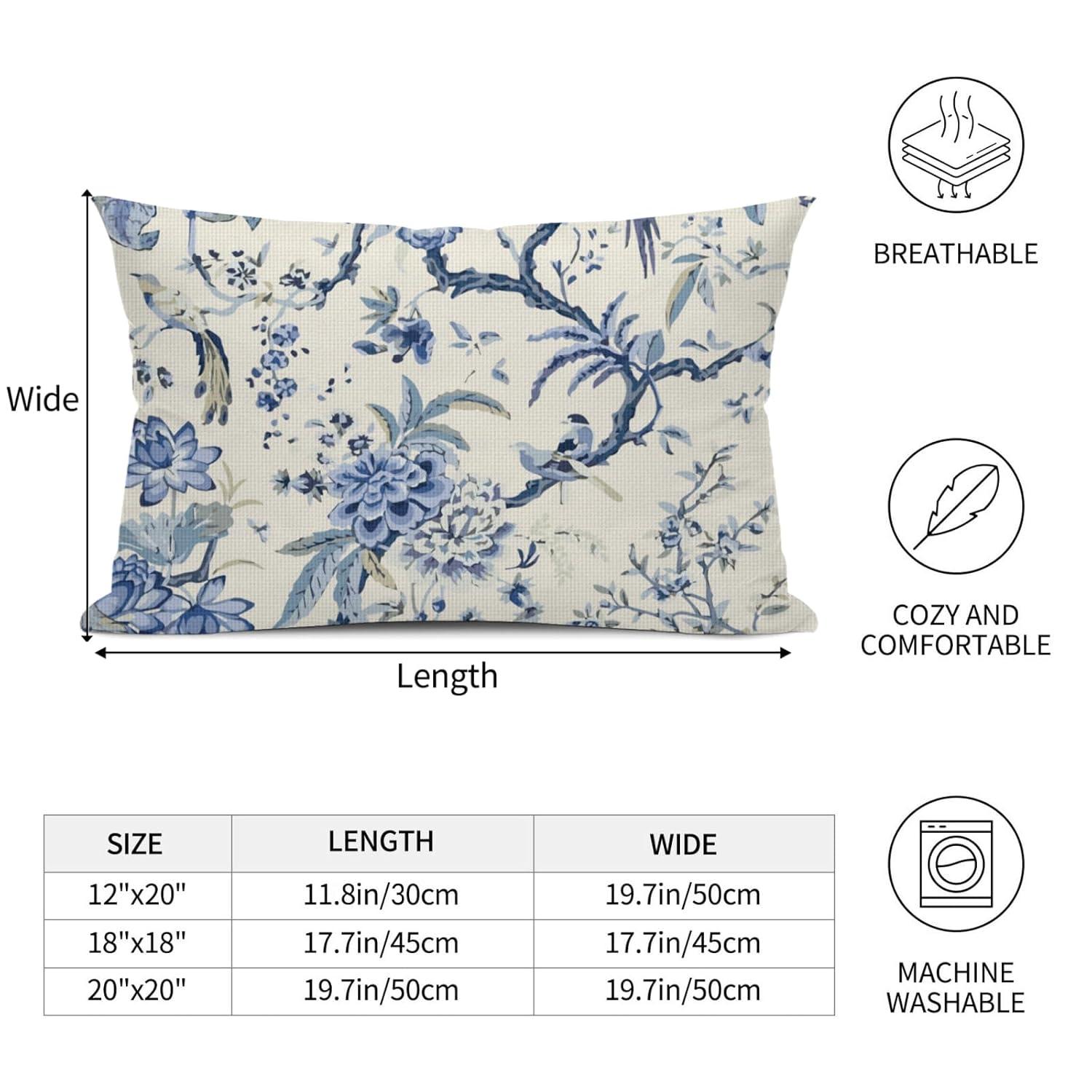 Chinoiserie Lumbar Pillow Covers 12 x 20 Set of 2 Birds Floral Linen Throw Pillow Cover Vintage White and Blue Farmhouse Decorative Pillowcases for Living Room Couch Bed Sofa Outdoor