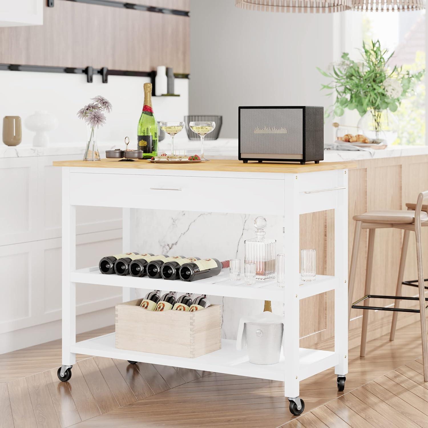 Sobaniilo Small Kitchen Island on Wheels with 3-Tier Side Spice Rack and Rubber Wood Top, Trolley Cart with Storage Cabinet & Drawer and Handle/Towel Rack, White