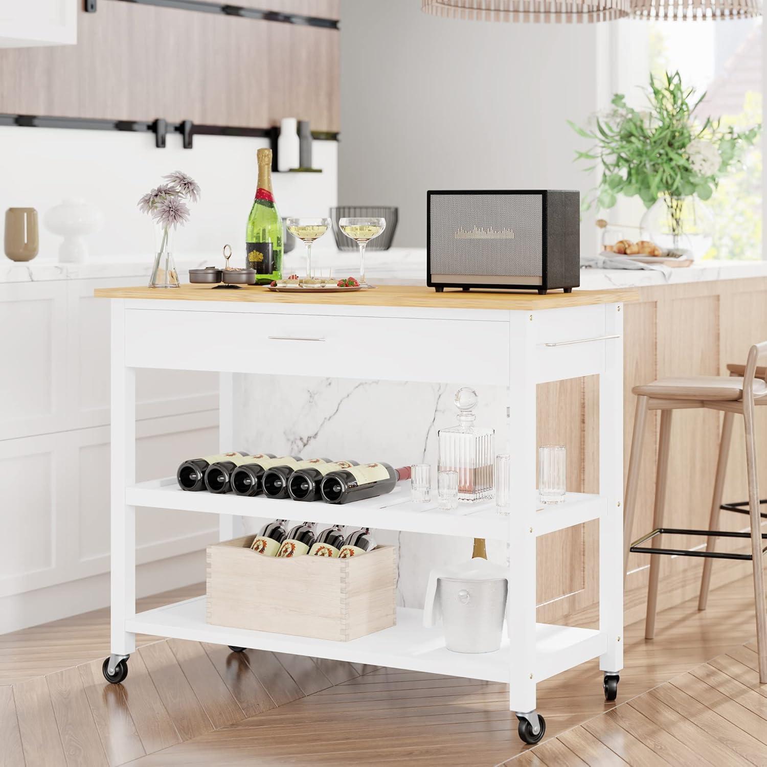 Sobaniilo Small Kitchen Island on Wheels with 3-Tier Side Spice Rack and Rubber Wood Top, Trolley Cart with Storage Cabinet & Drawer and Handle/Towel Rack, White