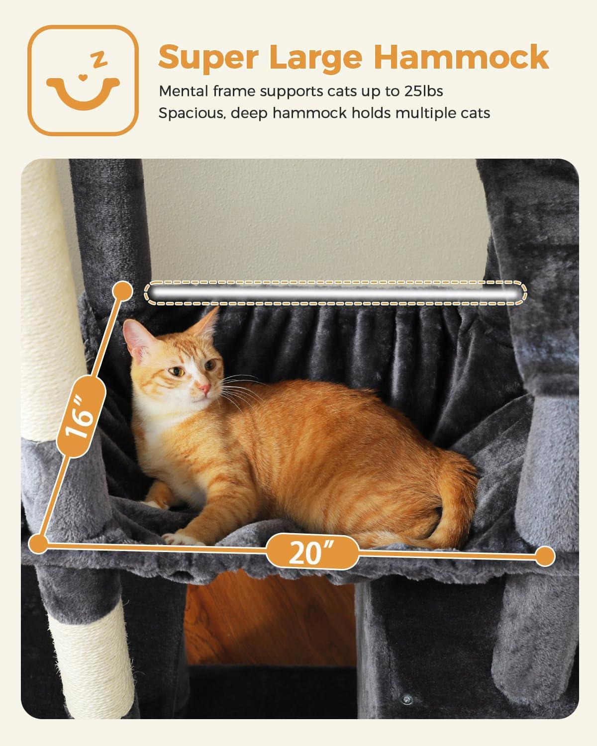 Cat Tree For Large Cats, 71" Tall Cat Tower, Large Cat Tree For Indoor Cats, Multi-Level Cat House Furniture With 2 Big Condo Pad Bed, Cozy Hammock And Sisal Scratching Posts