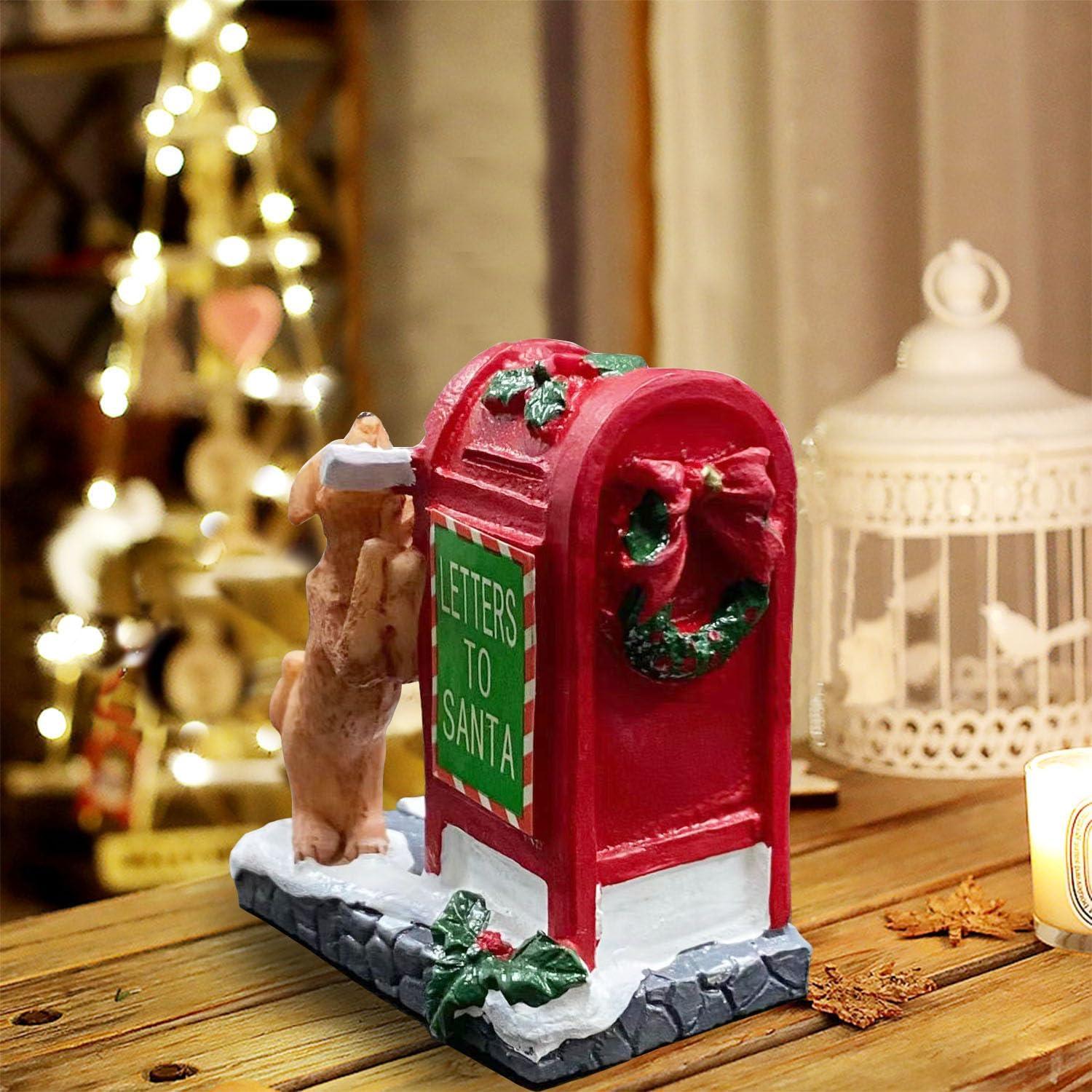 Uutvmp Christmas Village Accessories Ornaments, Resin Puppy Letters to Santa Mailbox, Christmas Village Sets Decoration for Xmas Festival Holiday