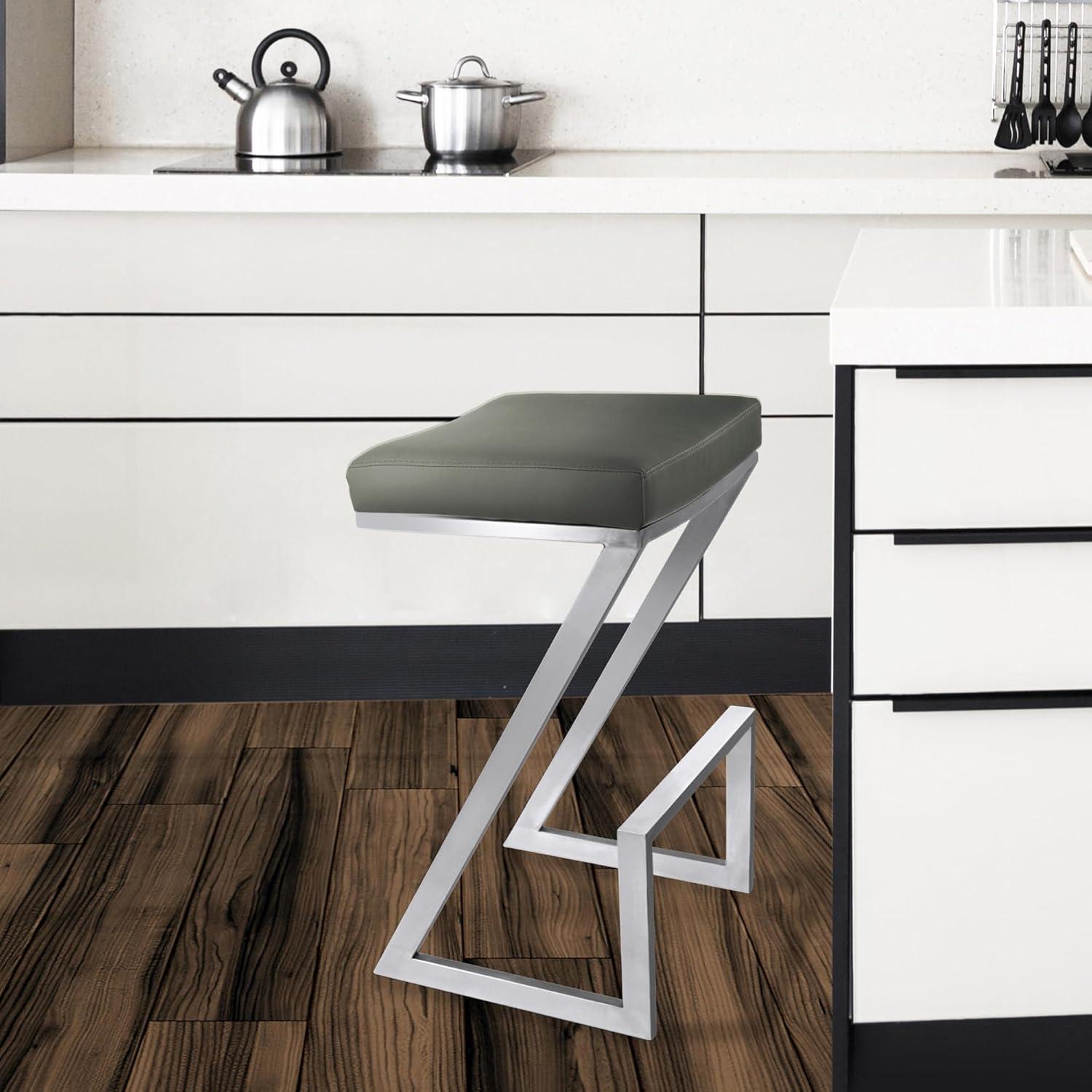 Armen Living Atlantis Backless Barstool, Brushed Stainless Steel Finish with PU Upholstery