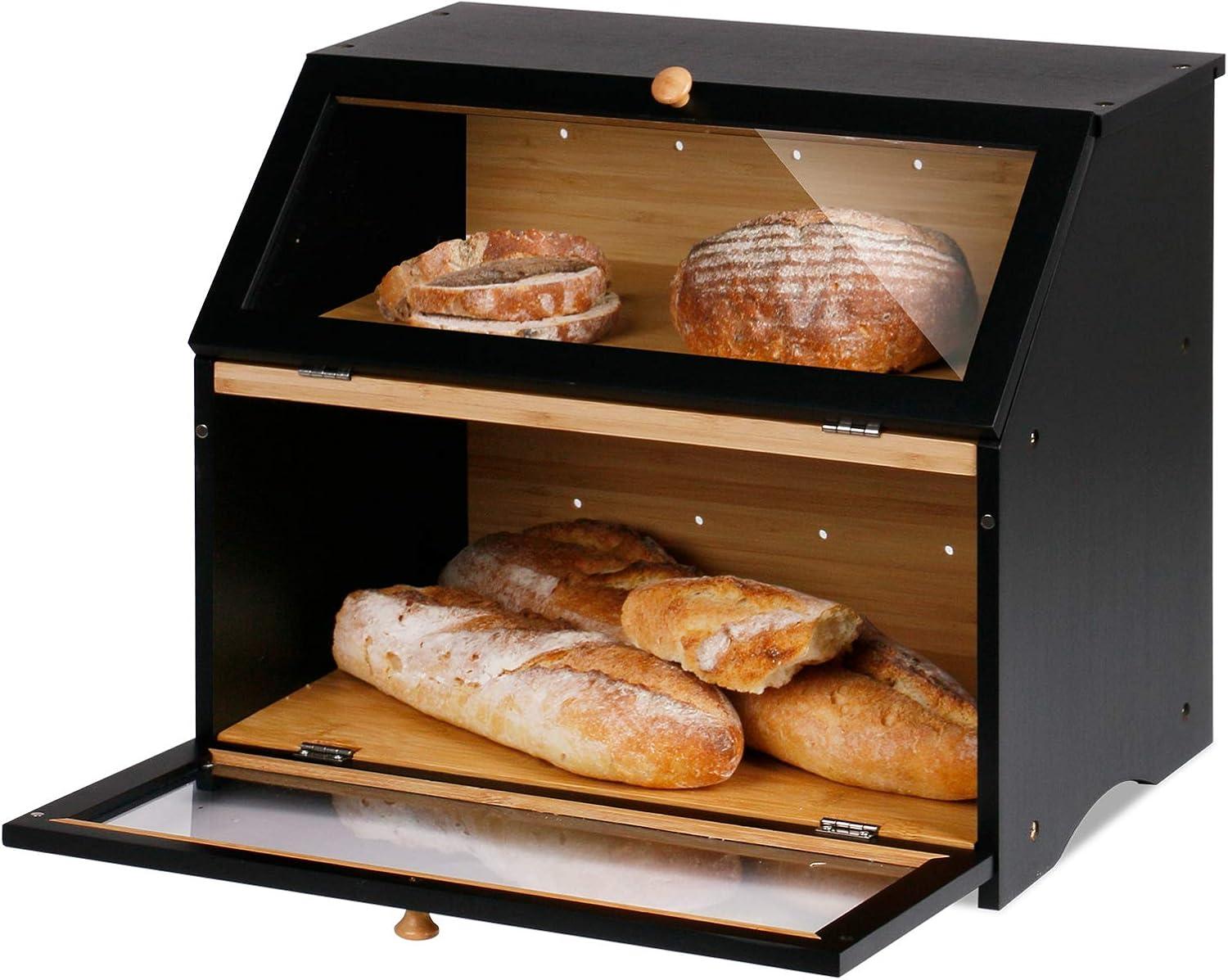 hghfhj   HOMEKOKO Double Layer Large Bread Box for Kitchen Counter  Wooden Large Capacity Bread Storage Bin (Black)