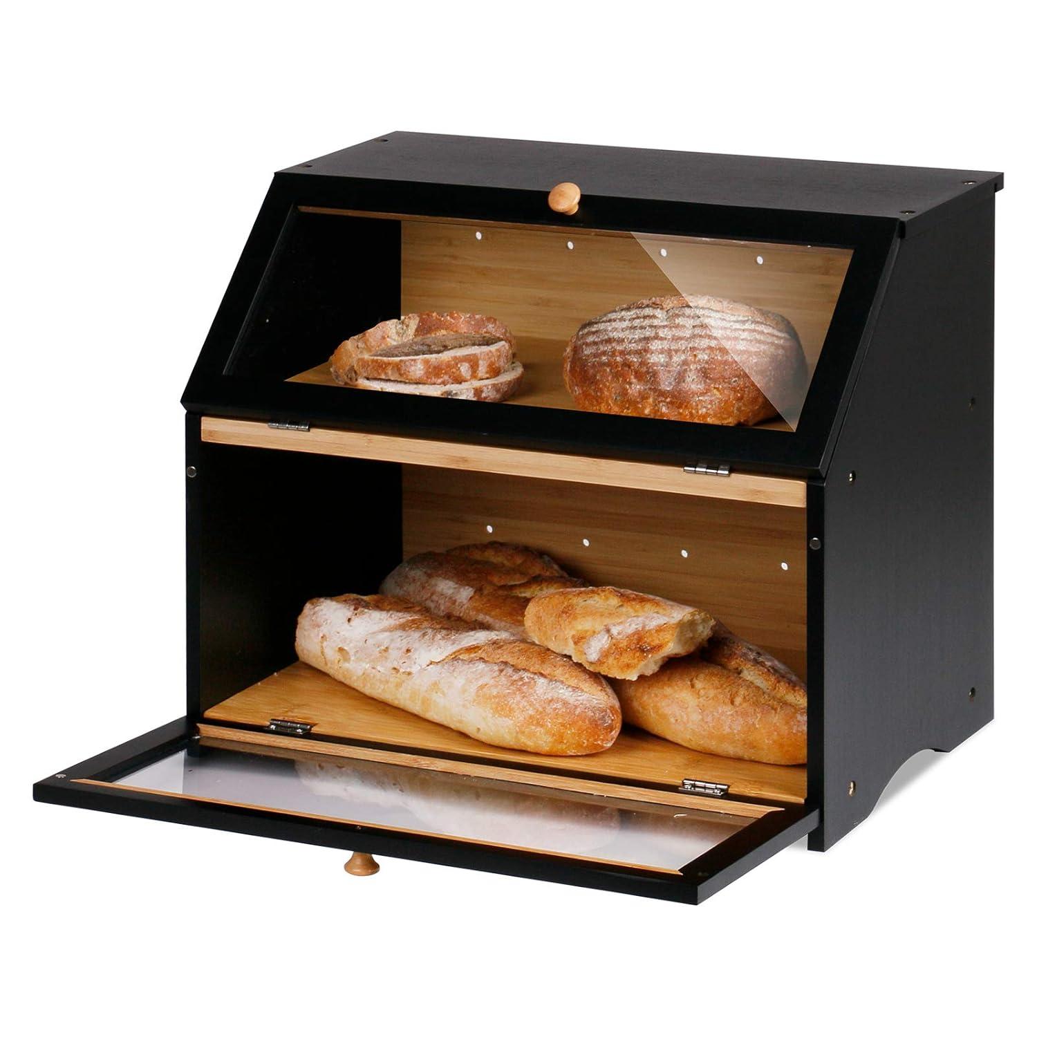 Bamboo Bread Container for Countertop, Double Layer Bread Storage with Acrylic Door Panel, Wooden Large Capacity Storage Bins for Kitchen Pantry Cupboard(Black)