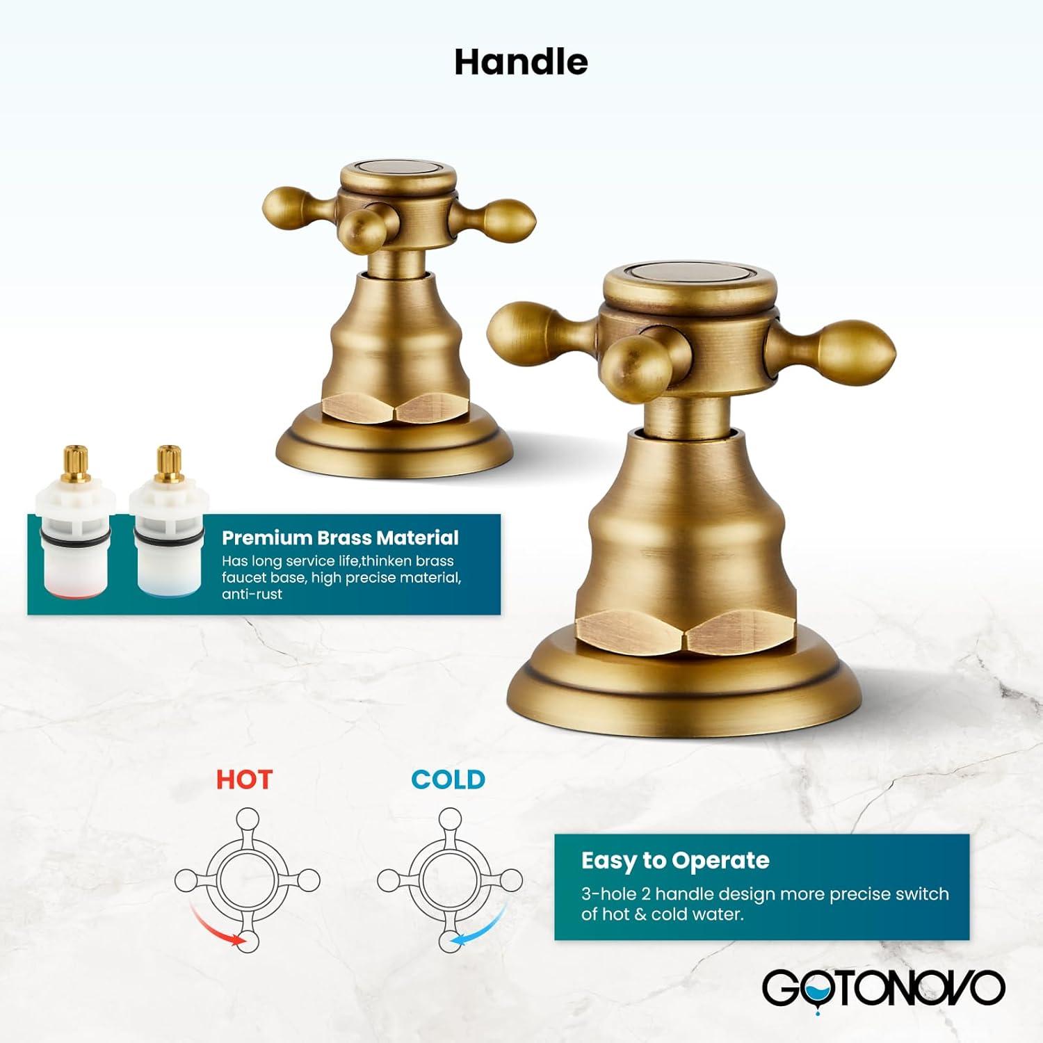 gotonovo Bathroom Faucet 3 Hole 8 Inch Widespread Bathroom Sink Faucet 2 Cross Handles Vintage Lavatory Vanity Mixer Tap with Pop Up Drain, H C Label, Antique Brass