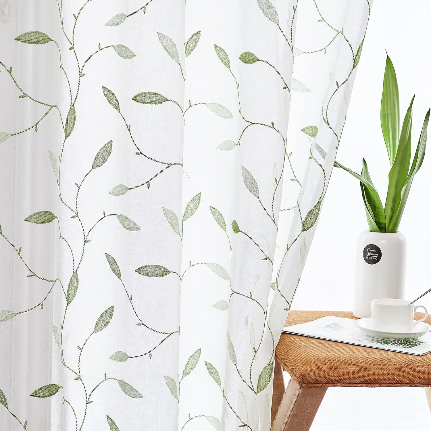 Lazzzy Sheer Curtains Embroidered Floral Leaf Voile Drapes for Bedroom Living Room Grommet Top Window Treatments 2 Panels 84 Inches Green on White