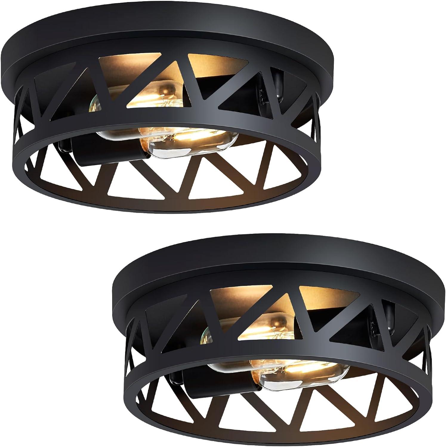 Black Metal Cage Drum Flush Mount Ceiling Light, 2-Pack