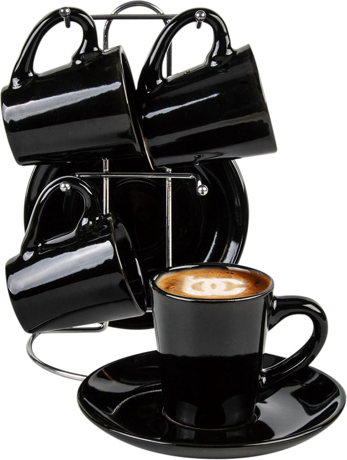 Bene Casa Black Ceramic Espresso Cups and Saucers with Metal Stand