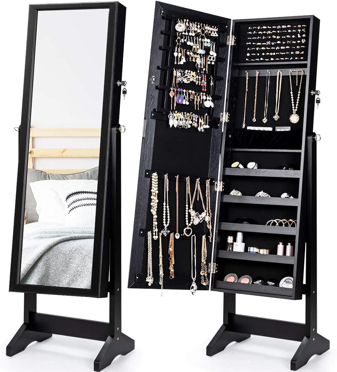 Costway Jewelry Cabinet Stand Mirror Armoire Lockable Organizer Large Storage Box Black