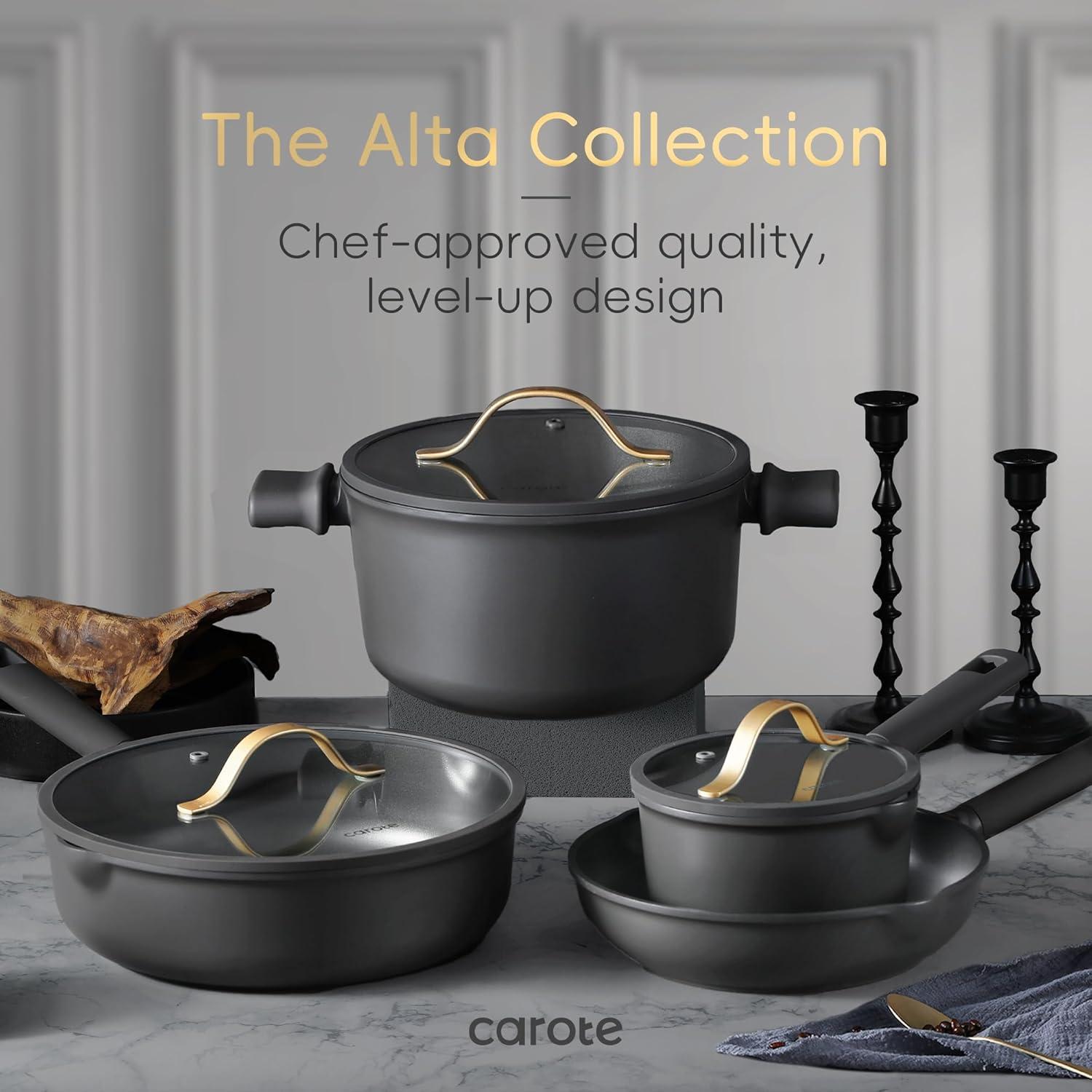 Carote 16 Pcs Nonstick Cookware Sets, Premium Pots and Pans Set, Easy to Clean, Grey and Gold