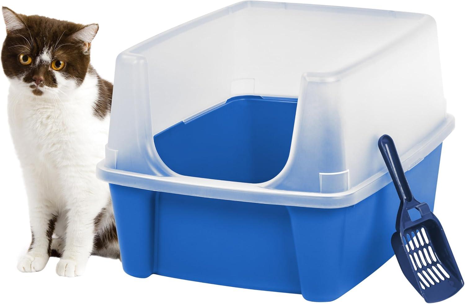IRIS USA IRIS USA Open Top Cat Litter Tray with Scoop and Scatter Shield, Cat Litter Pan, Blue