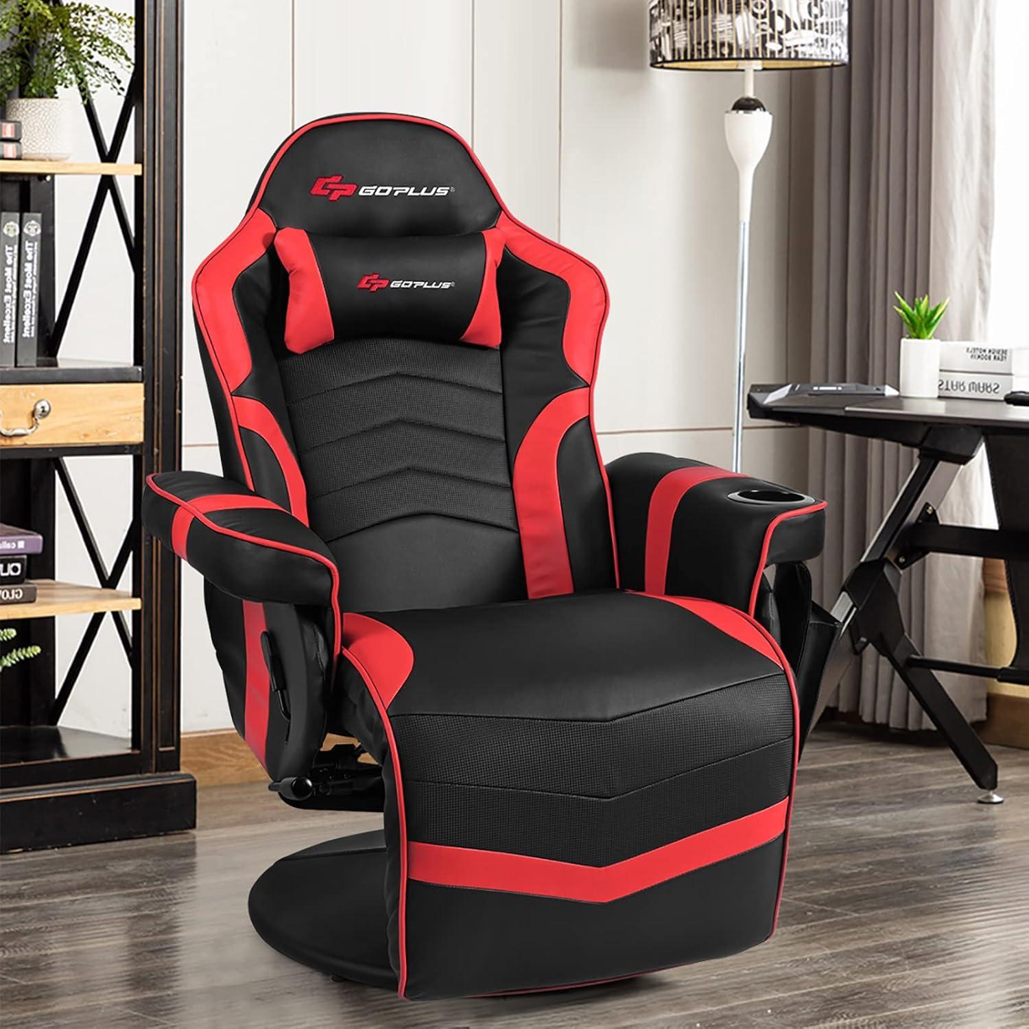POWERSTONE Gaming Recliner Massage Gaming Chair with Footrest Ergonomic PU Leather Single Sofa with Cup Holder Headrest and Side Pouch, Adjustable Living Room Chair Seating, Red
