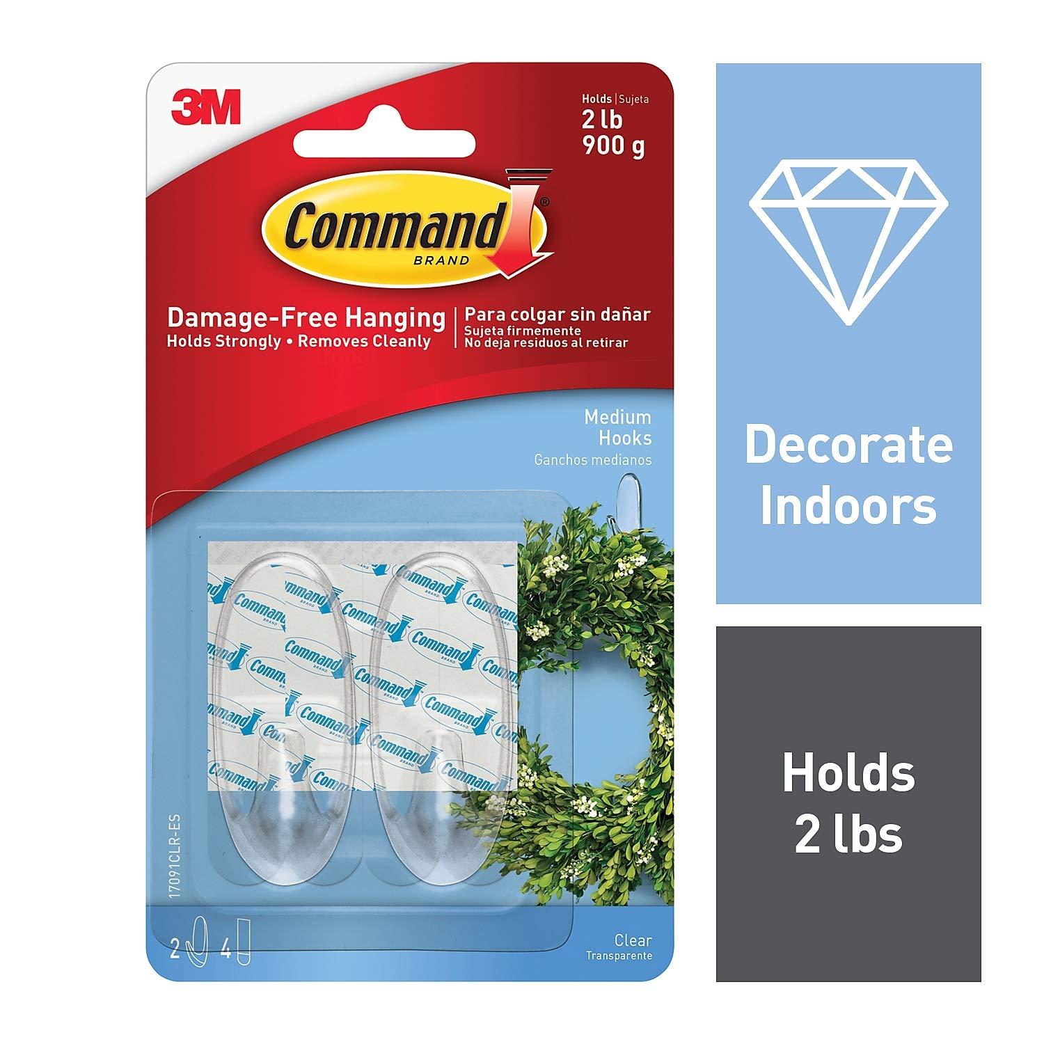 Command Medium Sized Decorative Hooks Clear: Adhesive Hooks for Wreaths, Outdoor Use, 2 Pack, 2 lb Capacity