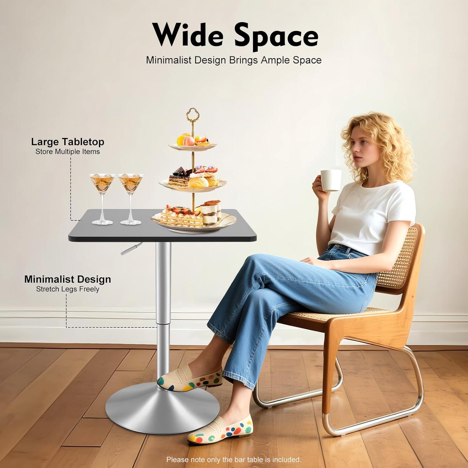 Square Bar Table, Modern Pub Table, 360° Swivel Cocktail Table, Adjustable Height with Black Top, Stainless Steel Leg and Base