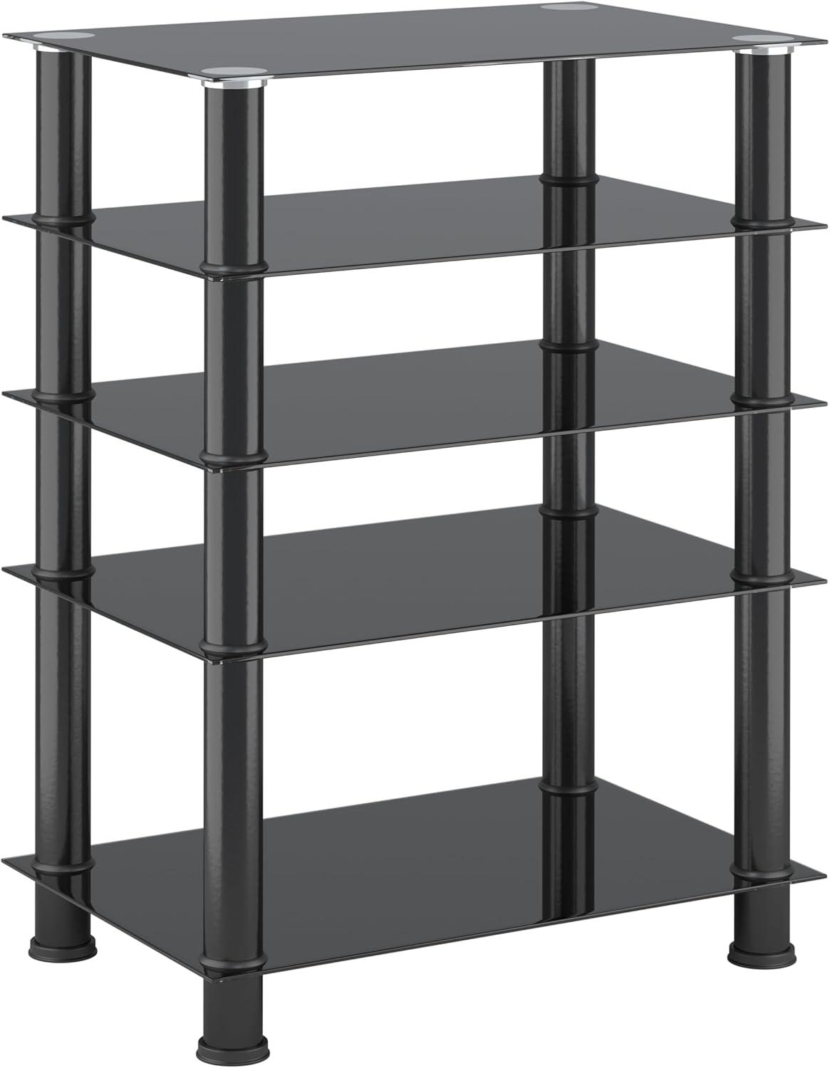 CorLiving Laurent Black Tempered Glass and Metal Customizable 5-Tier Media Component Stand