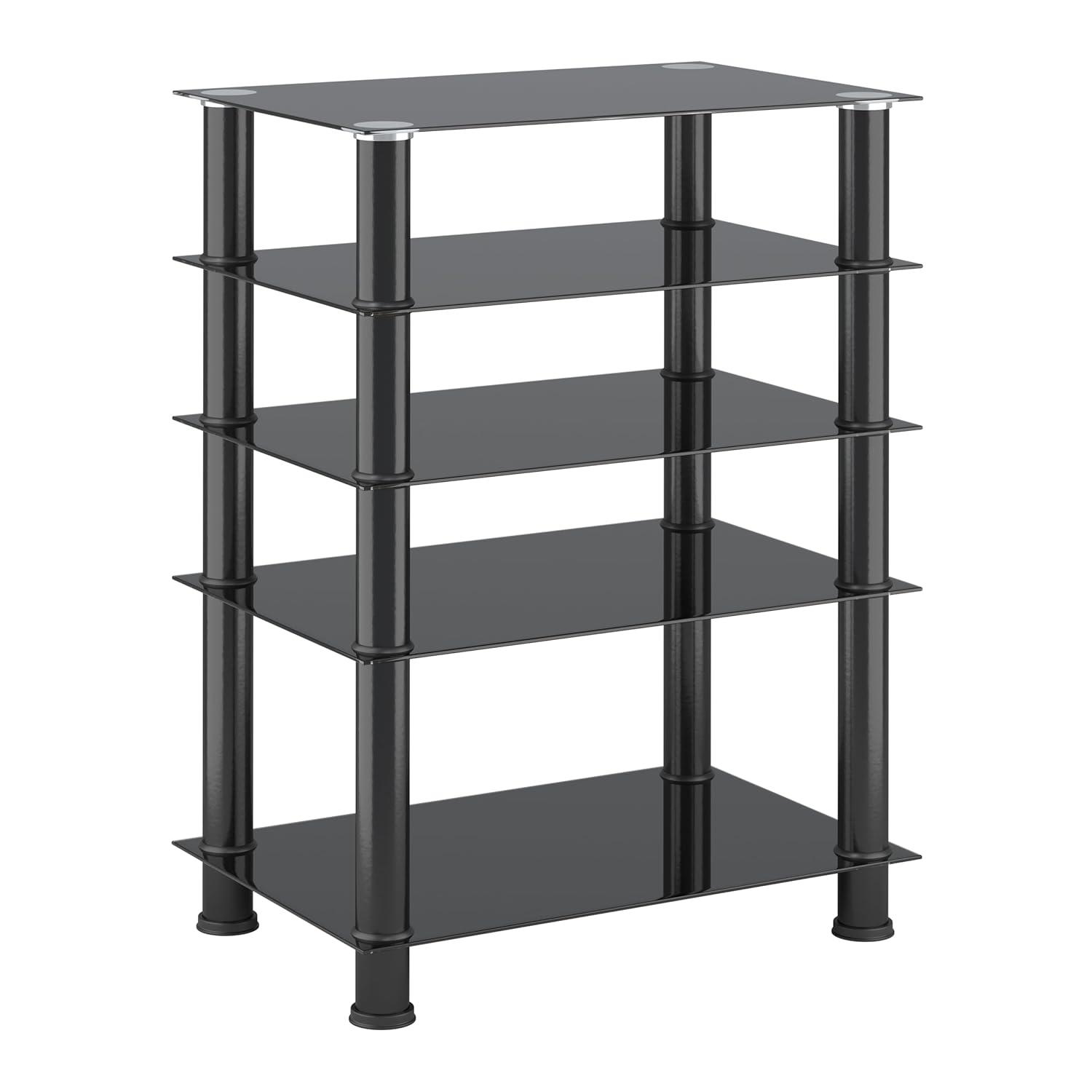 CorLiving Laurent Black Tempered Glass and Metal Customizable 5-Tier Media Component Stand