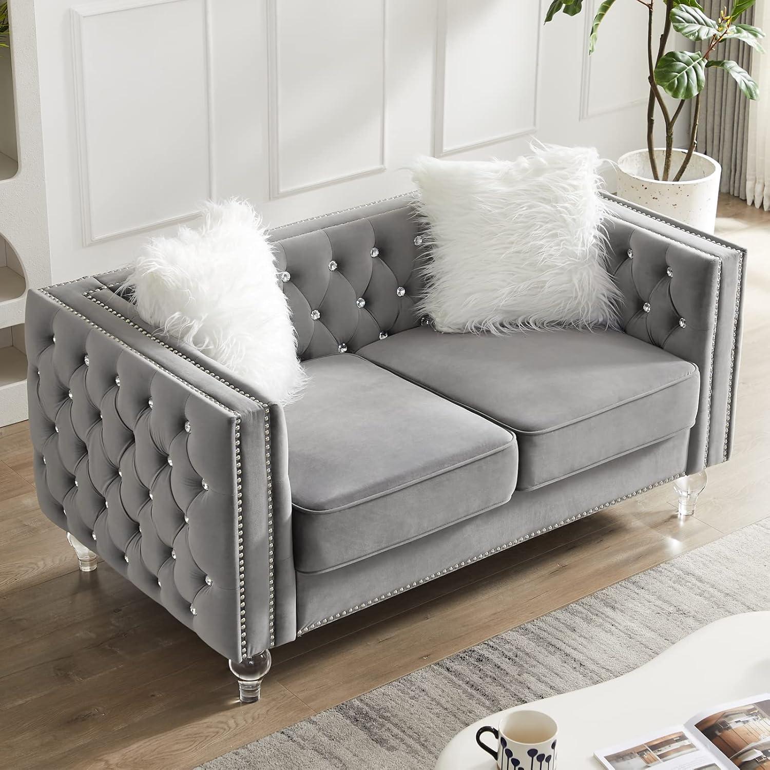 NicBex Velvet Loveseat Sofa with Jeweled Buttons Modern 2 Seater Couch with 2 Pillows for Living Room,Apartment